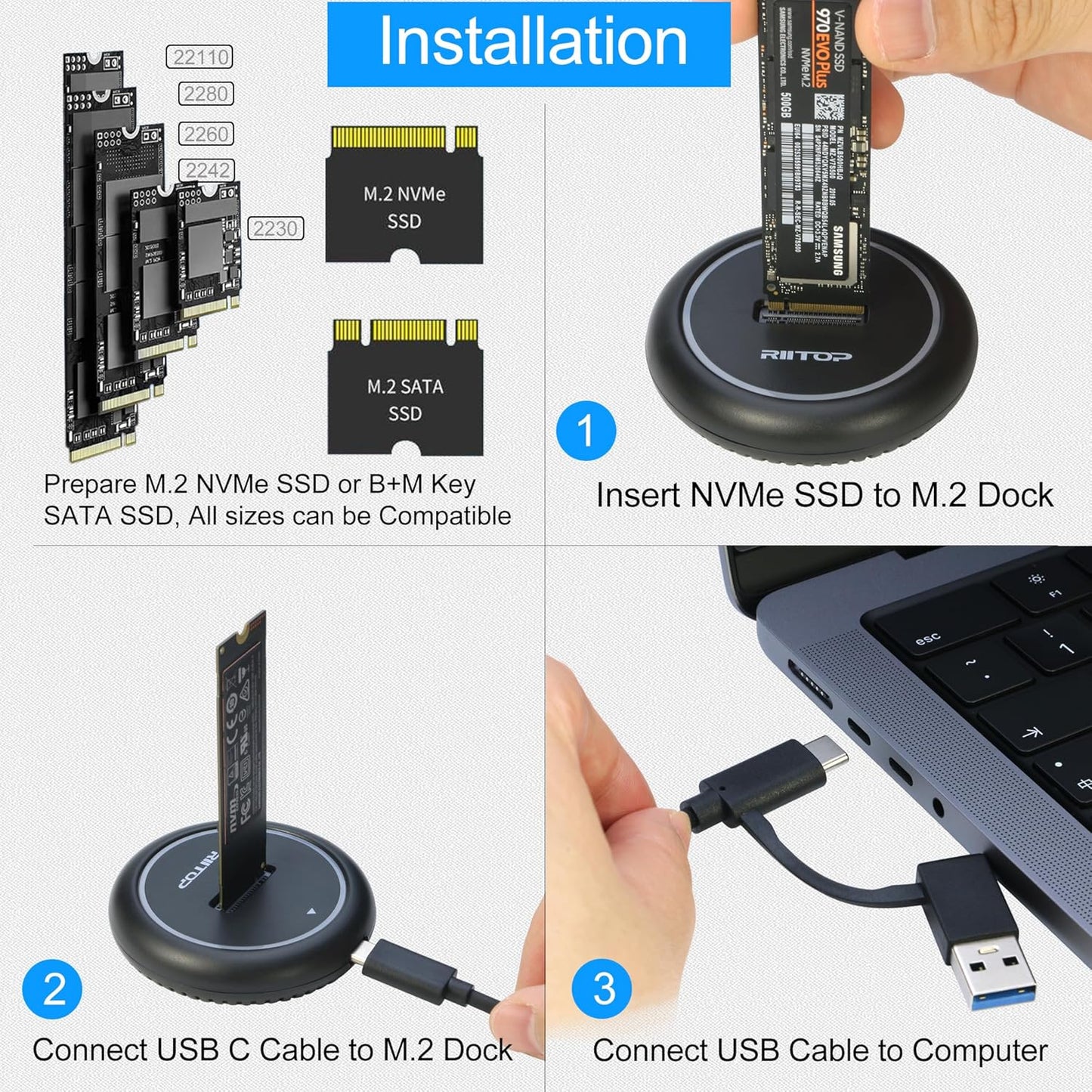 RIITOP M.2 NVMe to USB Docking Station, SSD Enclosure for Both NVMe and (B+M Key SATA) SSD