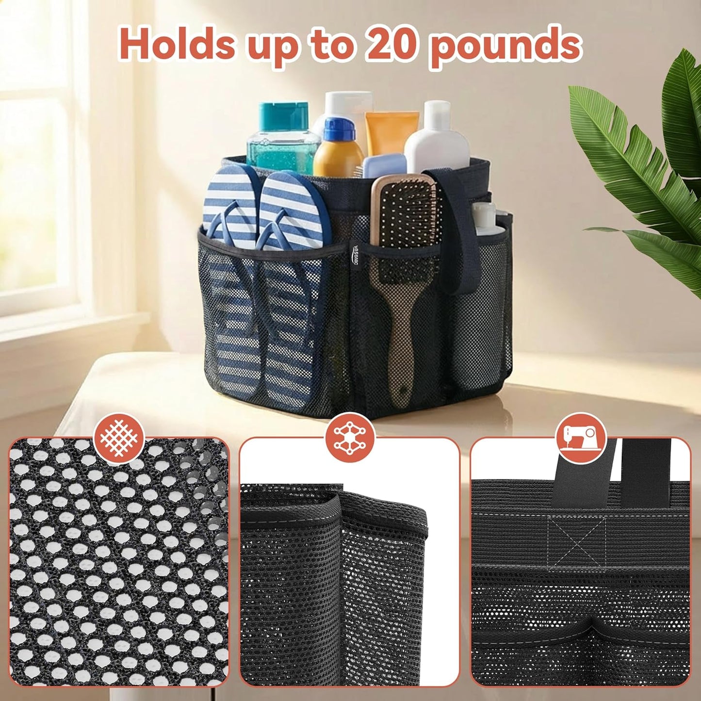 YASONIC Portable Mesh Shower Caddy - 8 Pocket Hanging Organizer for College Dorm Essentials | Black