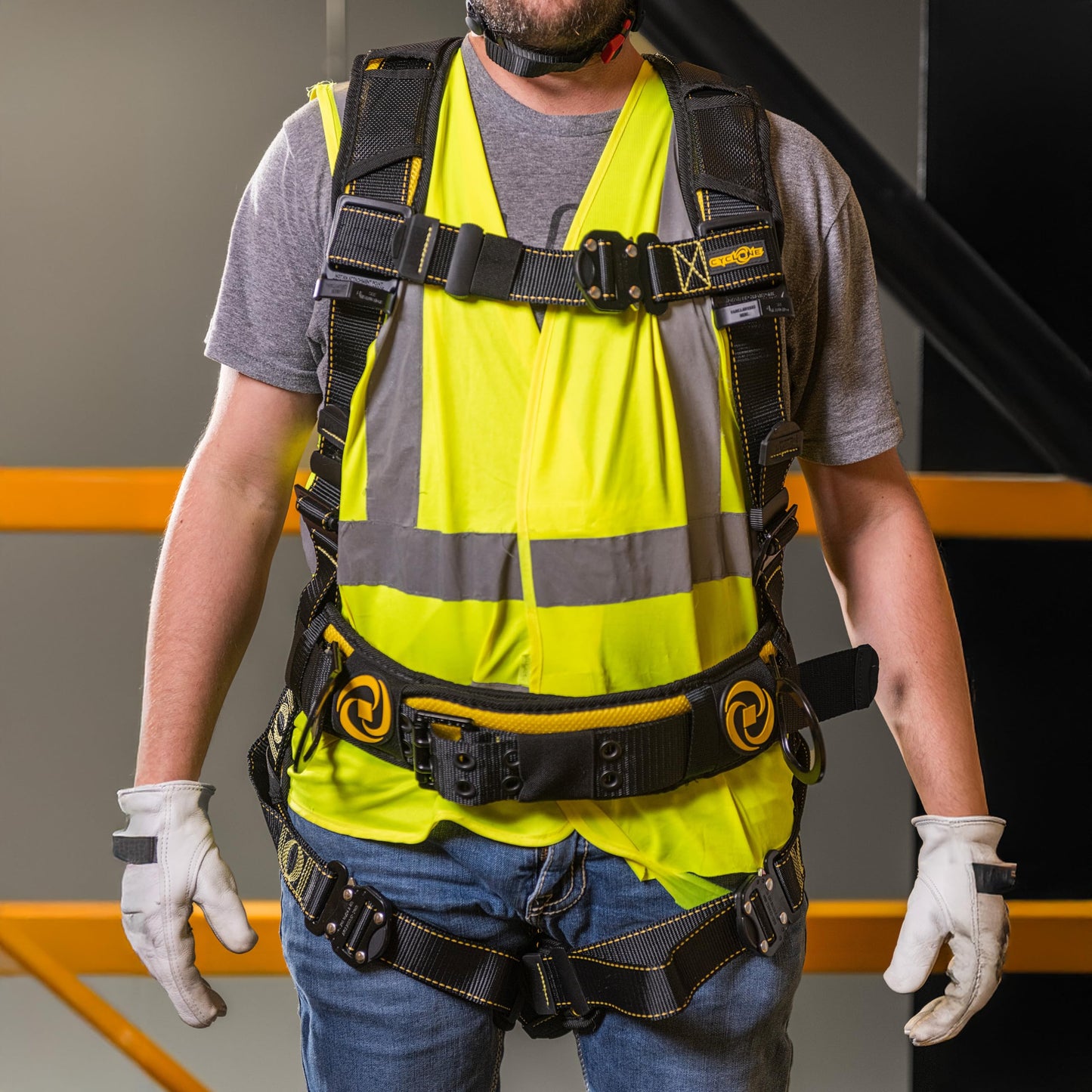 Guardian 21035 Cyclone Construction Harness with Waist Pad | Side D-Rings | Quick Connect Leg | OSHA & ANSI Compliant | Black/Yellow | XL