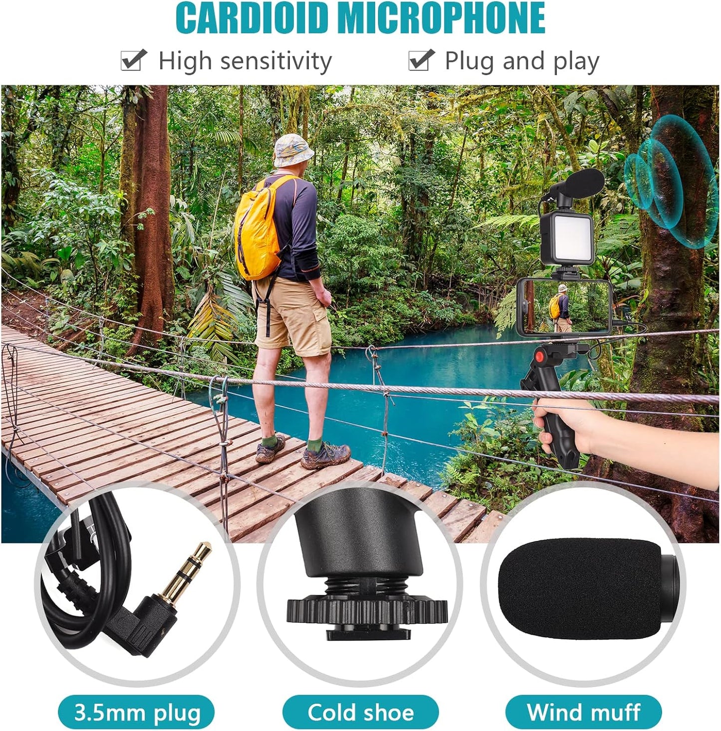 Andoer Smartphone Vlog Kit Mini LED Video Light + Cardioid Microphone + Extendable Phone Clip + Tripod with Adjustable
