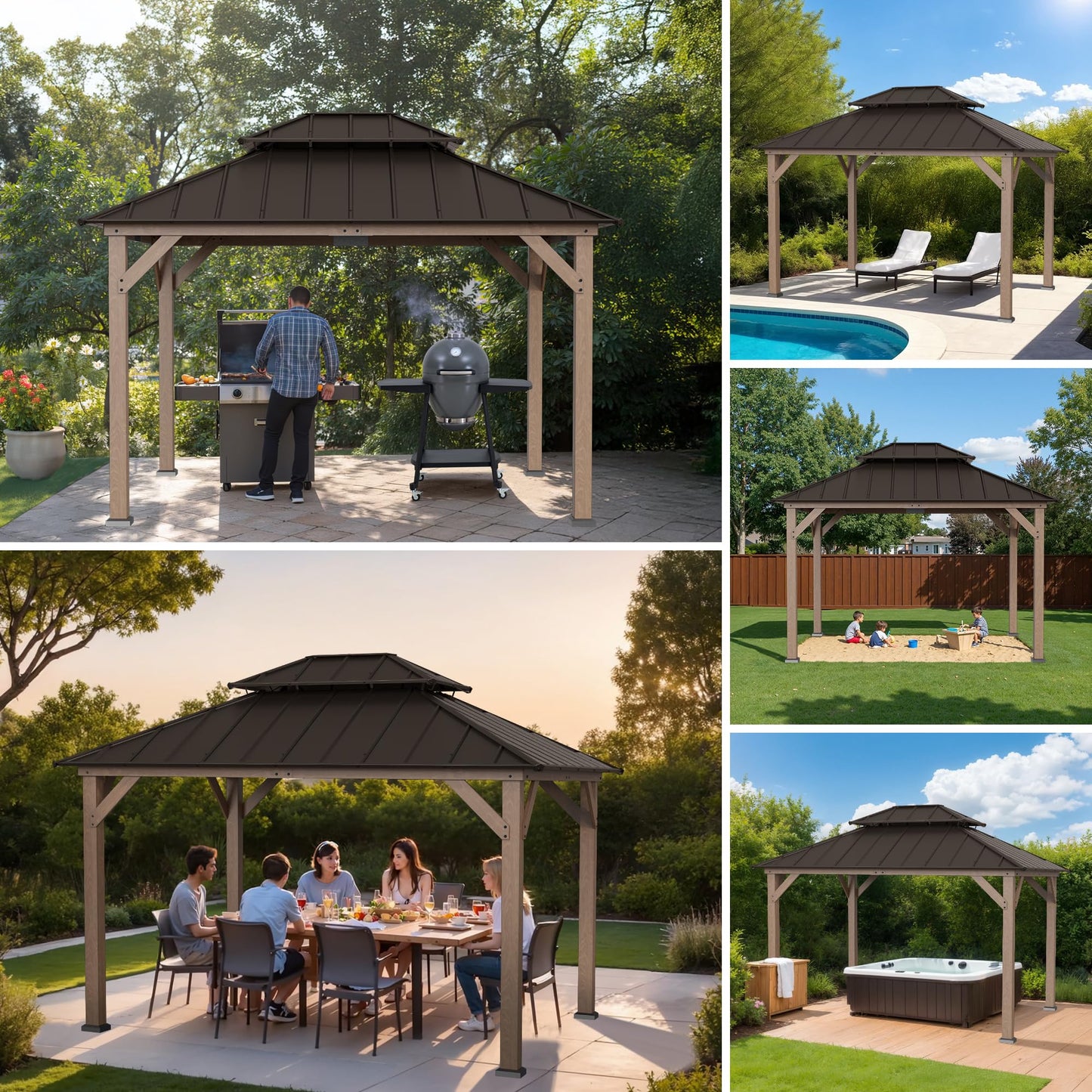 Sunjoy 10 x 12 ft. Wood Gazebo, Outdoor Patio Steel Hardtop Gazebo, Cedar Framed Wooden Gazebo with 2-Tier Metal Roof, Suitable for Patios, Lawn and Backyard, Dark Brown Roof + Dark Wood Frame