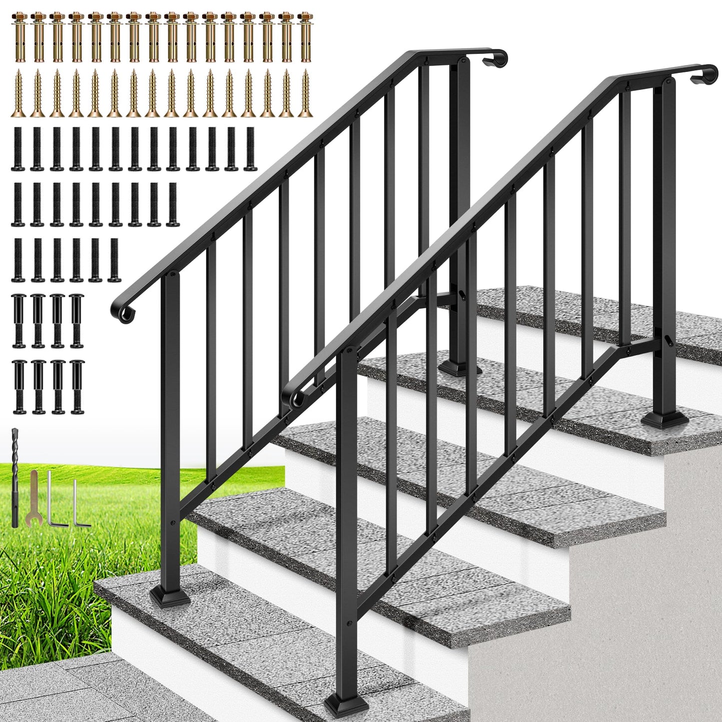 VIVOHOME 2-Pack Galvanized Steel Hand Rails for Outdoor Steps – 40.6" Curved Ends and Safety Balusters Exterior Railing Kit for Porch, Deck, or Indoor Stairs (4-Step, Black)