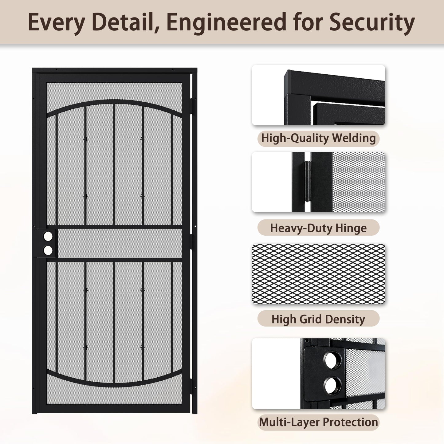 JUBEST 32" x 80" Steel Security Door, Universal/Reversible Outswing Security Screen Door, Black Powder-Coated Surface Mount Frame with Expanded Metal Screen, Rust-Resistant, No Handles Included
