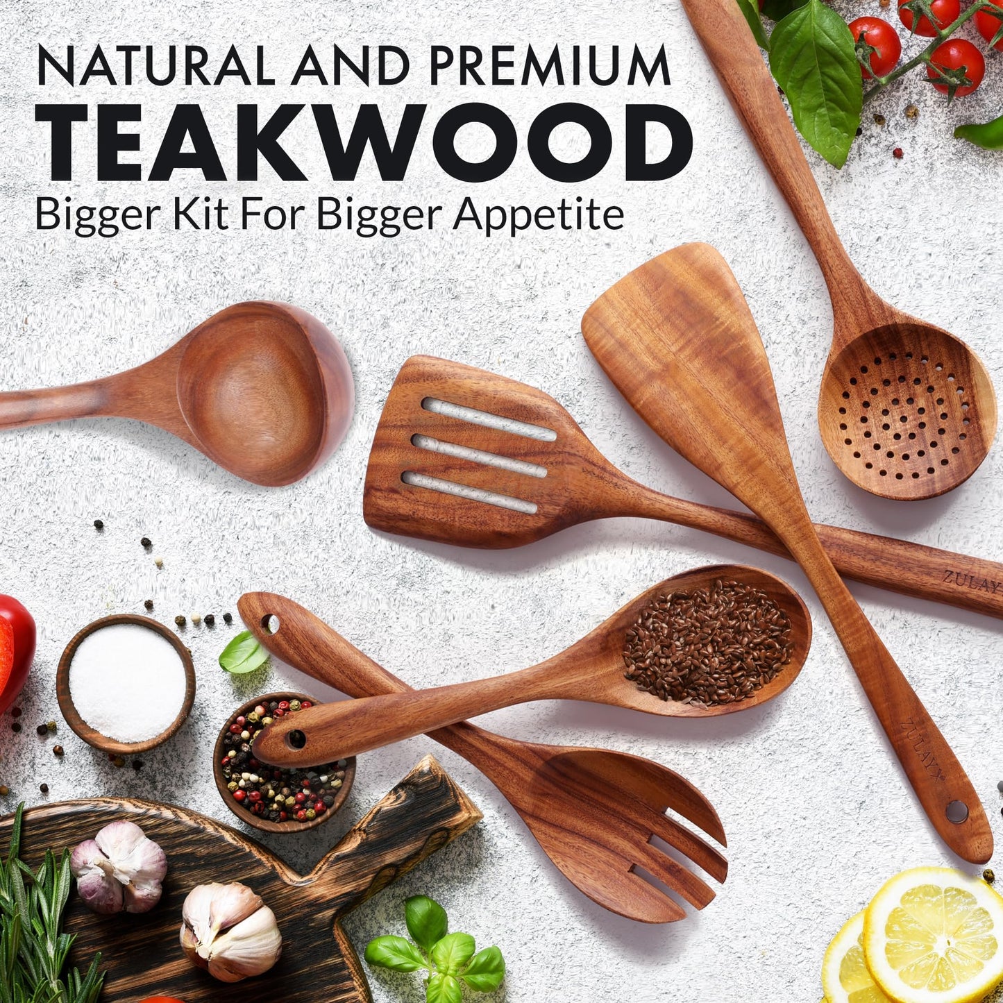 Zulay Kitchen Extra-Large 6-Piece Wooden Spoon Set - Smooth Teak Cooking Utensils - Comfort-Grip Non-Stick Turner, Spatula, Skimmer, Fork, Serving Spoon
