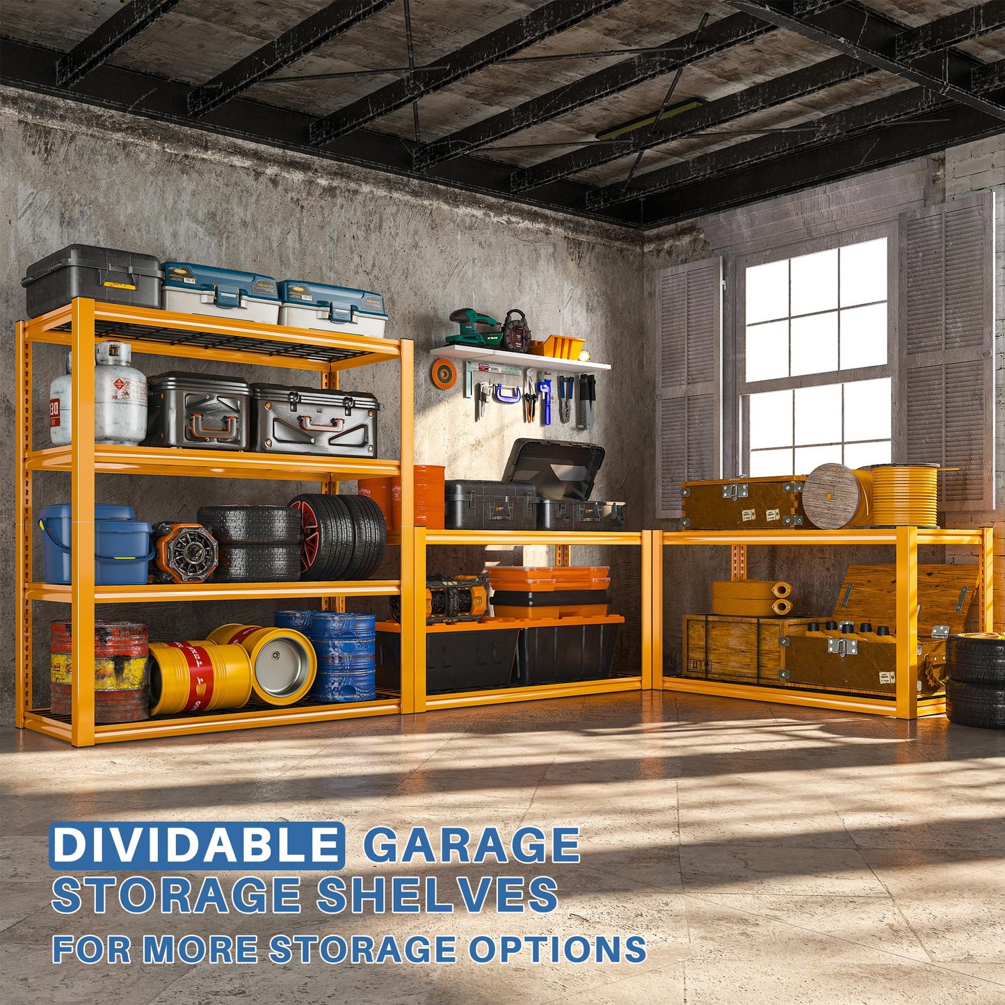 REIBII Garage Shelving Suitable for Garage Aesthetic‌, 40" W x 19.7" D x 59.9" H Heavy Duty Metal Shelving Load 2200LBS, Adjustable 4-Tier Storage Shelves for Garage Warehouse Basement Pantry, Orange