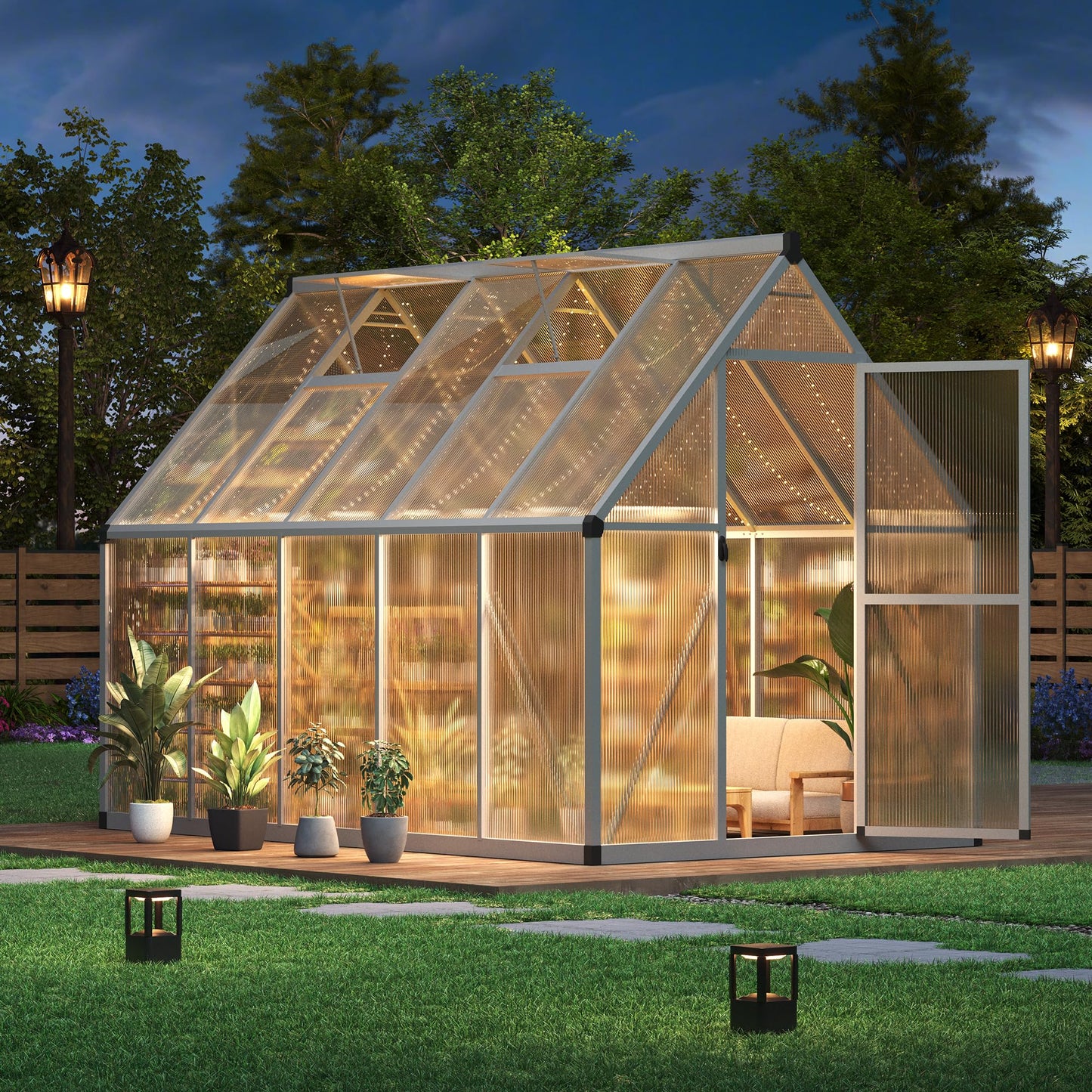 6 x 9 ft Greenhouse, Polycarbonate Walk-in Greenhouse with Aluminum Frame, Adjustable Roof Vent and Lockable Door, Easy Assembly, Green Houses for Outside, Garden, Backyard and Patio
