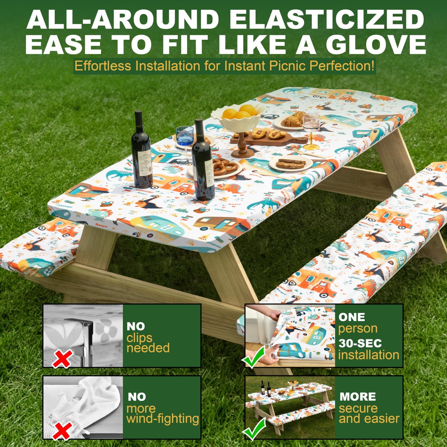 Jolly Camper 72 X 30 Inch Elastic Fitted Camping Table Cover with Bench Covers & Storage Bag, Picnic Tablecloth, Fits 6ft Picnic Tables, Polyester, Washable, Spill Resistant, Waterproof - Dino