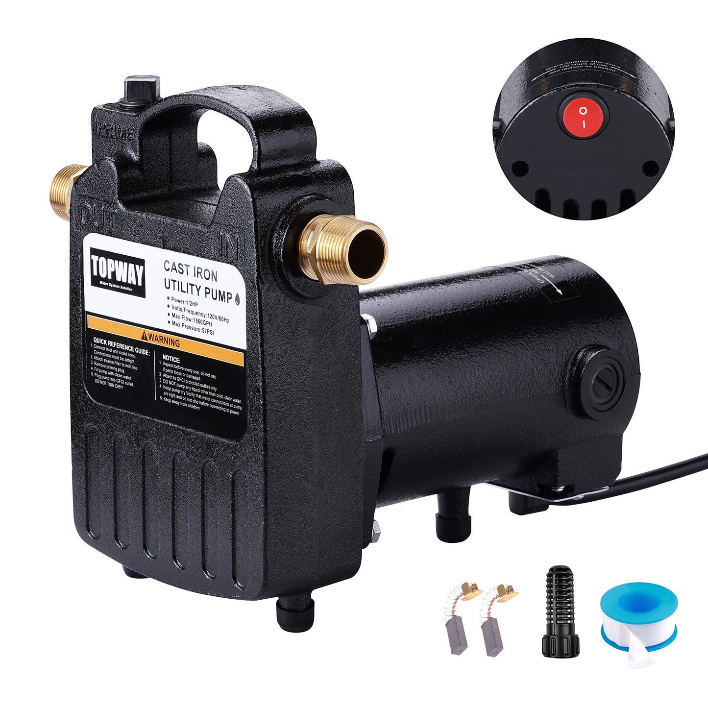 TOPWAY 1/2HP 1560GPH Portable Cast Iron High Pressure Utility Transfer Water Pump with Built-in On/Off Switch,Hose connectors & Suction Strainer.