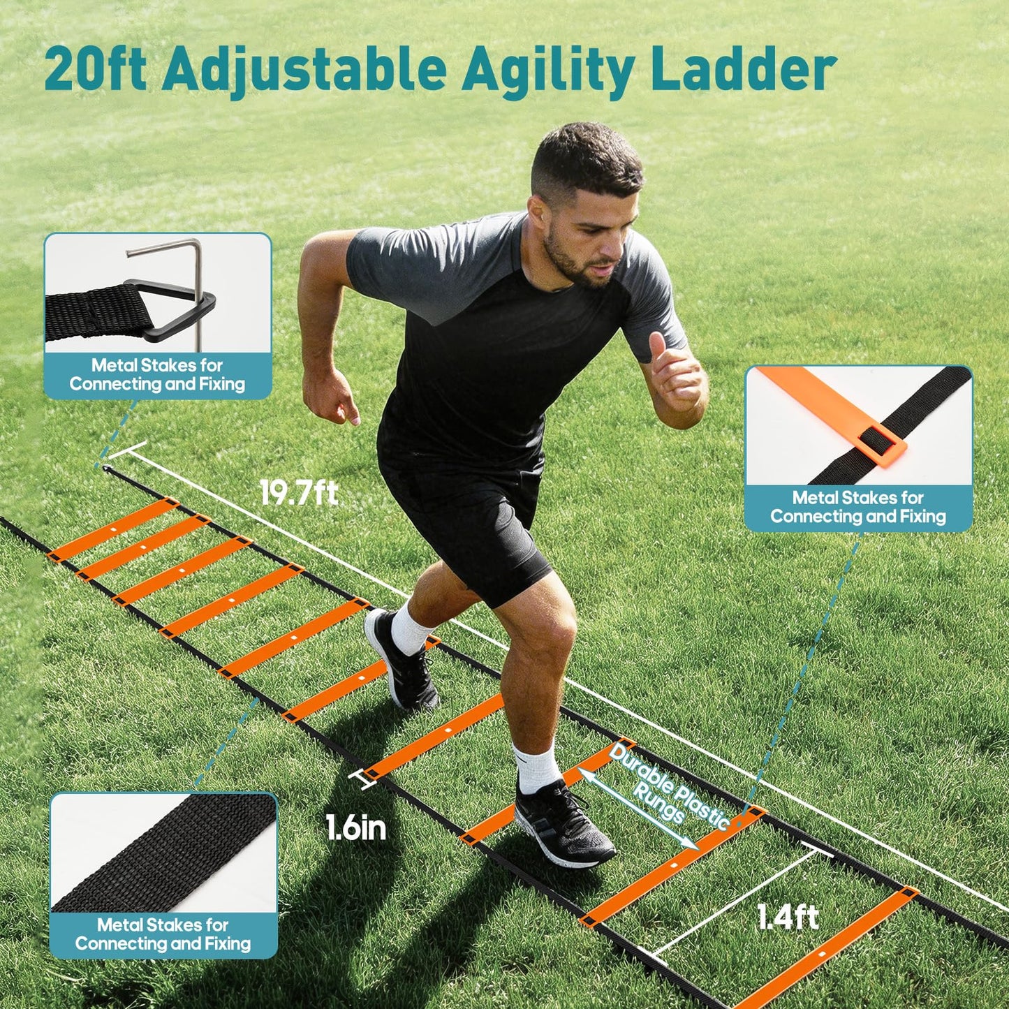 OLIXIS Agility Ladder, Soccer Training Equipment Set, 20 ft Speed Ladder, 12 Soccer Cones, 4 Agility Hurdles, Jump Rope, Resistance Parachute Agility Training Equipment for Kids, Youth, Adults, Orange