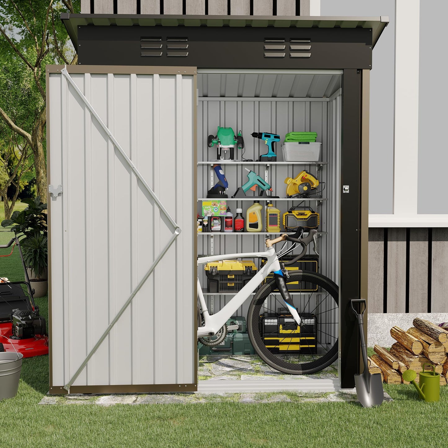 5x3FT Metal Storage Shed with Sloped Roof, Lockable Doors, Solar Light, Windows, and Vents, Outdoor Storage Sheds for Garden, Backyard, Patio Tools and Equipment