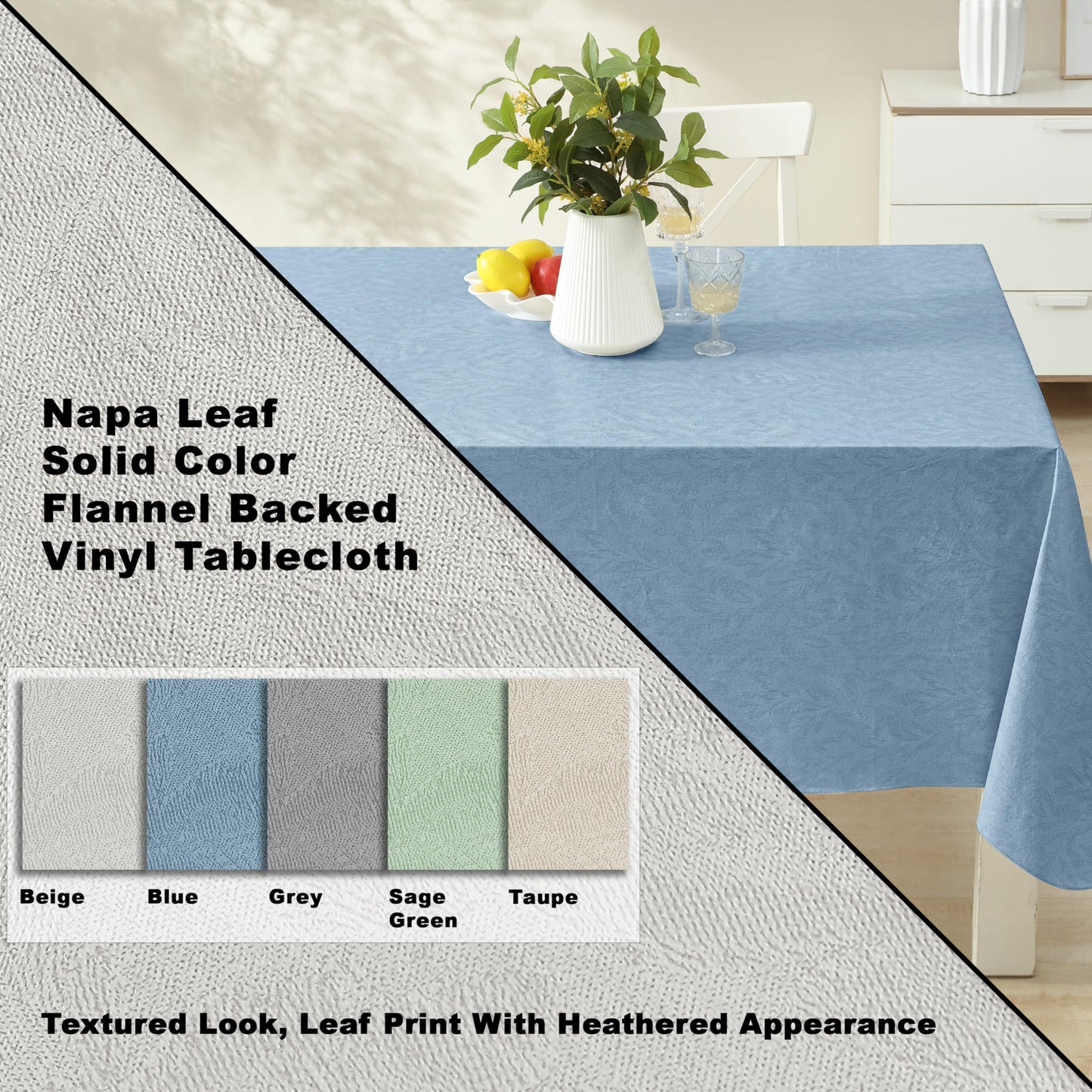 Newbridge Napa Leaf Blue Vinyl Flannel Backed Tablecloth, 60 x 84 Inch Rectangle, Hotel Quality Waterproof Indoor Outdoor Table Cover for Kitchen, Patio, Dining, BBQ