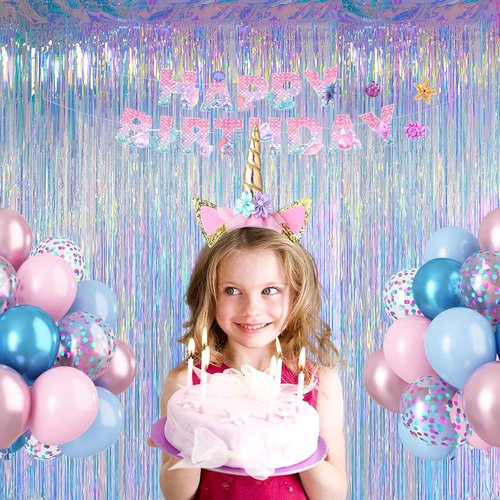 Iridescent Clear Tinsel Curtain Backdrop - 3.28 x 8ft Rainbow Foil Fringe | Shimmer Party Decor, 2 Pack