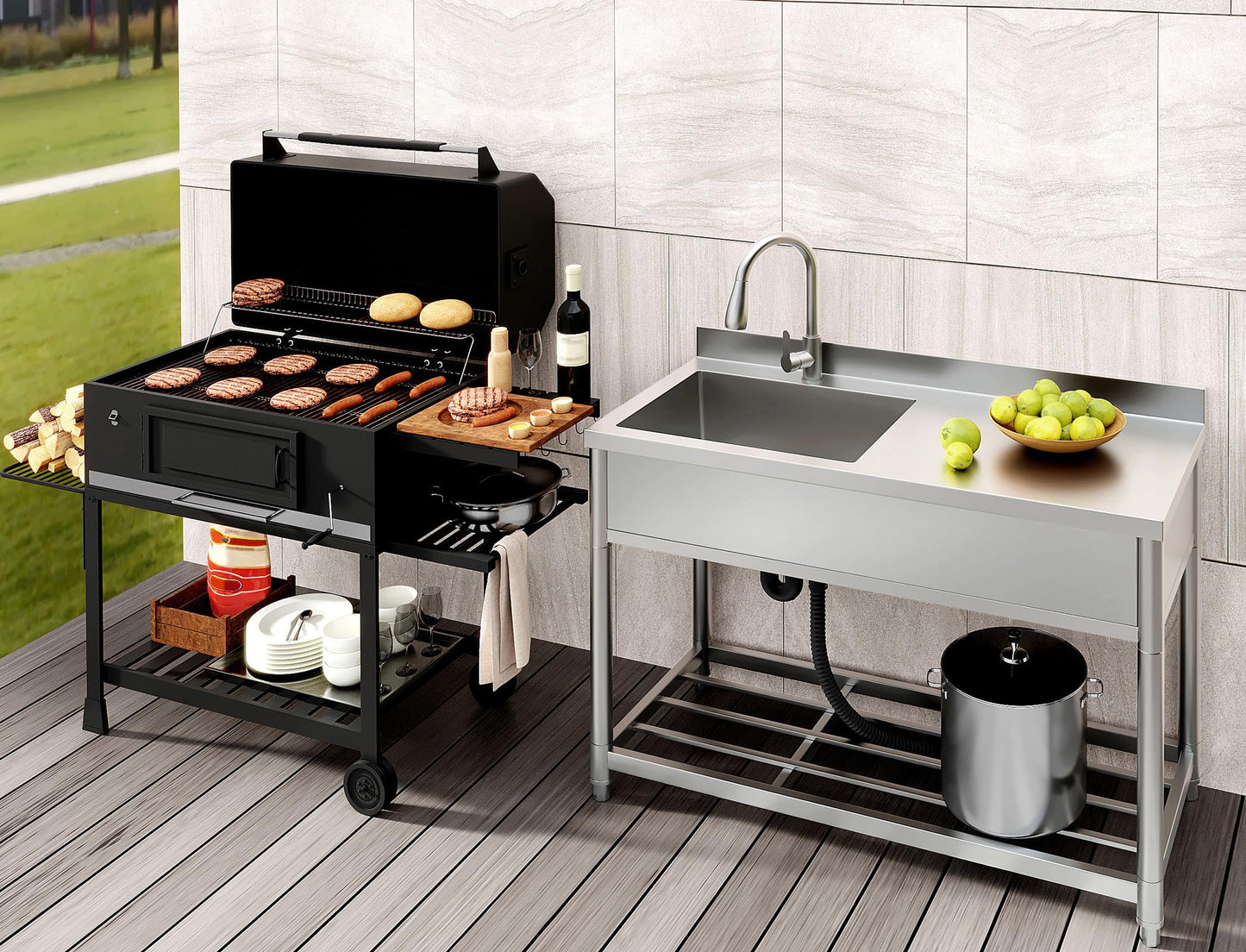 GGW Commercial Sink with Drainboard, Stainless Steel Utility Sink with Pull-out Faucet, Free Standing Single Bowl Kitchen Sink with Workbench for Restaurant, Garage, Outoor, 21.7"D x 47.2"W x 37"H