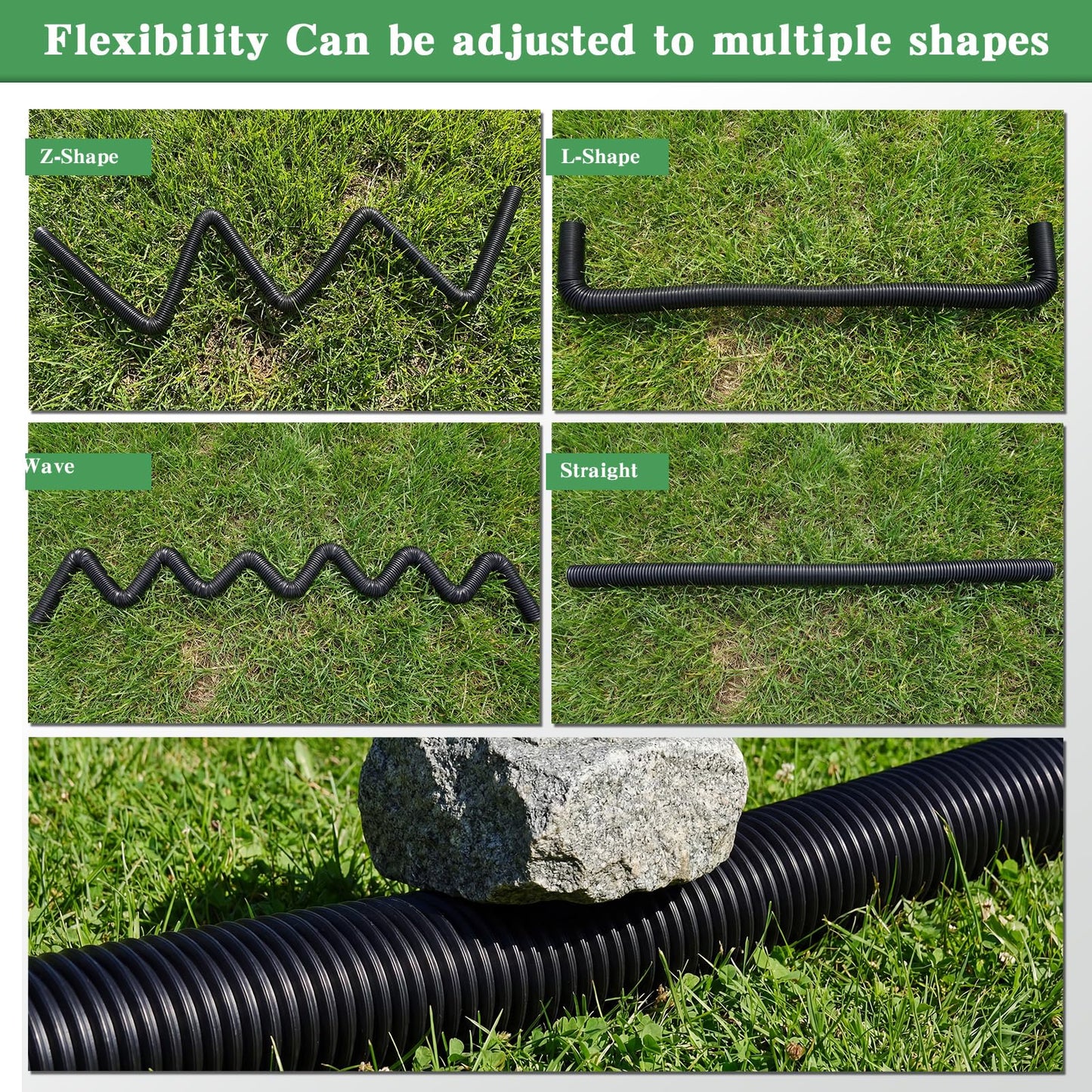 Joyfolk 4"×65ft Spliceable Extra Expandable Landscaping Drain Pipe, 4 Flexible Corrugated Downspout Drain Pipes with 3 Connectors Black for Outdoor Gutter Extension, Pond Pump, Rainwater Drainage