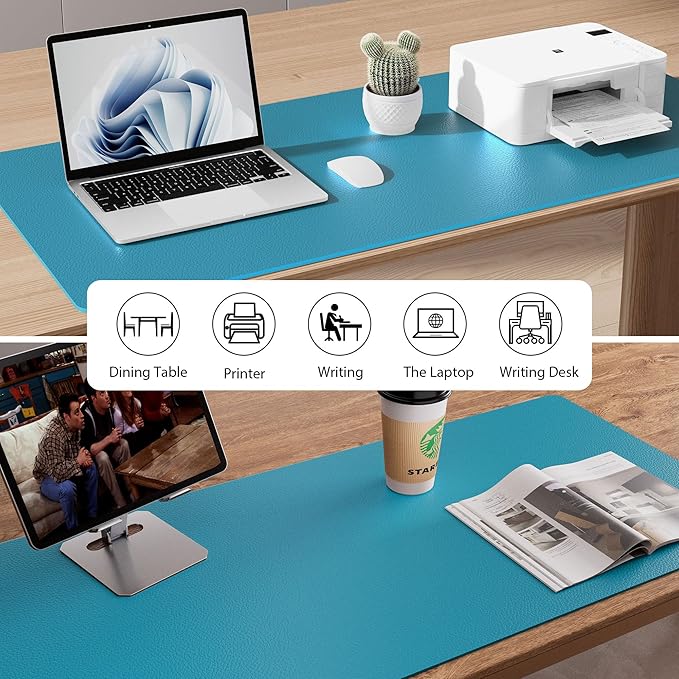 Aothia Faux Leather Desk Mat - Non-Slip PU Leather Desk Blotter, Waterproof Writing Surface, Large Desk Pad for Office & Home (Turquoise, 55" x 17")
