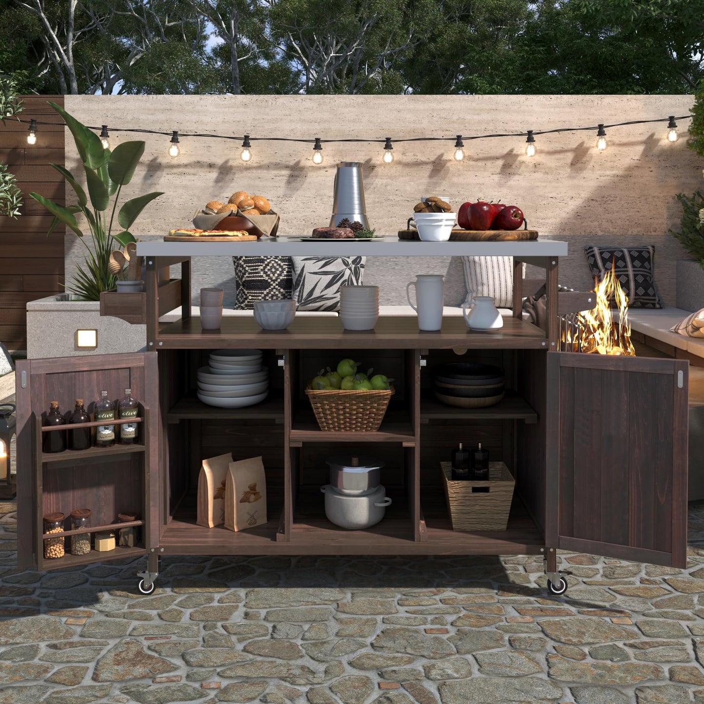 50.25" W Grill Cart with Stainless Steel Tabletop - Outdoor Storage Cabinet for BBQ, Bar Patio Kitchen Island with Ample Storage and Lockable Wheels