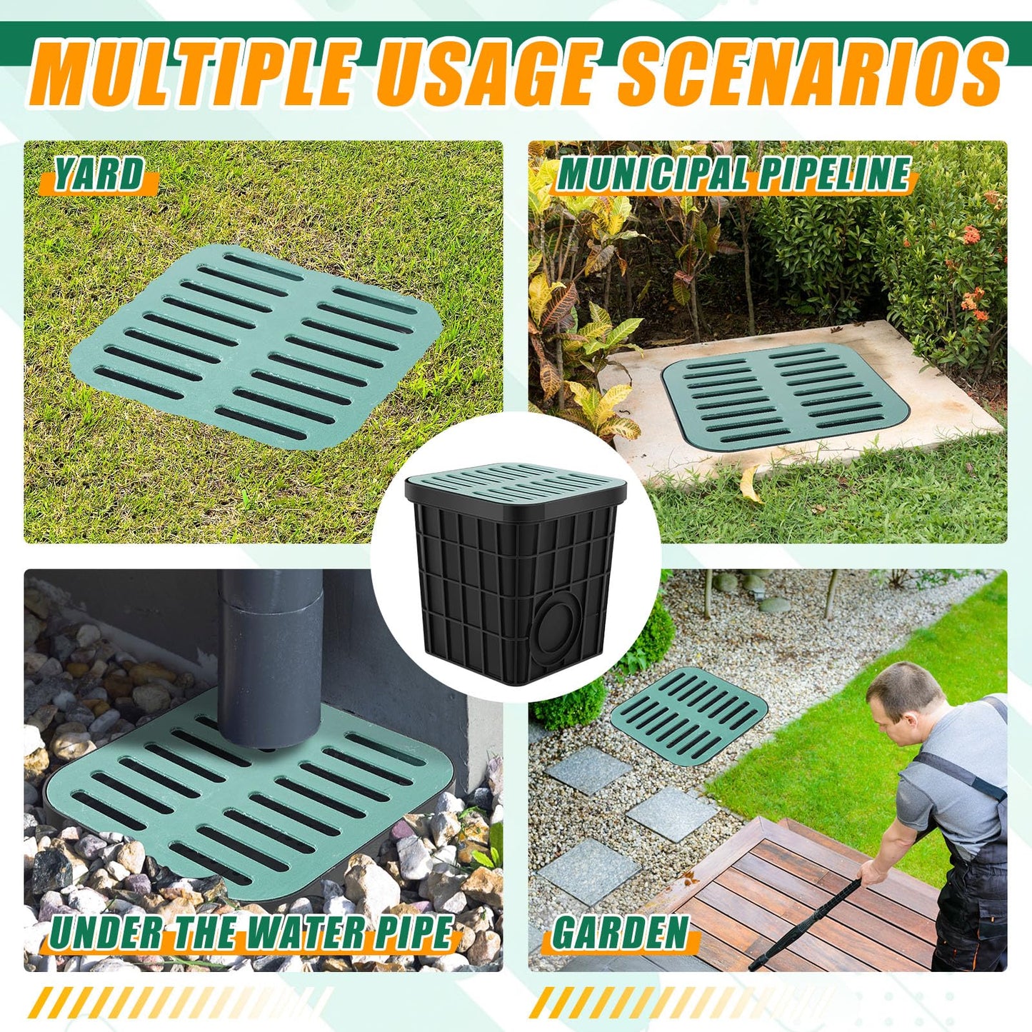 Kritkin Catch Basin with Grate 15 x 15 x 15 Inch Square Large Catch Basin for Drainage with Debris Basket French Drain Without Reserved Hole for Yard, Downspout, Lawn, Municipal Pipeline