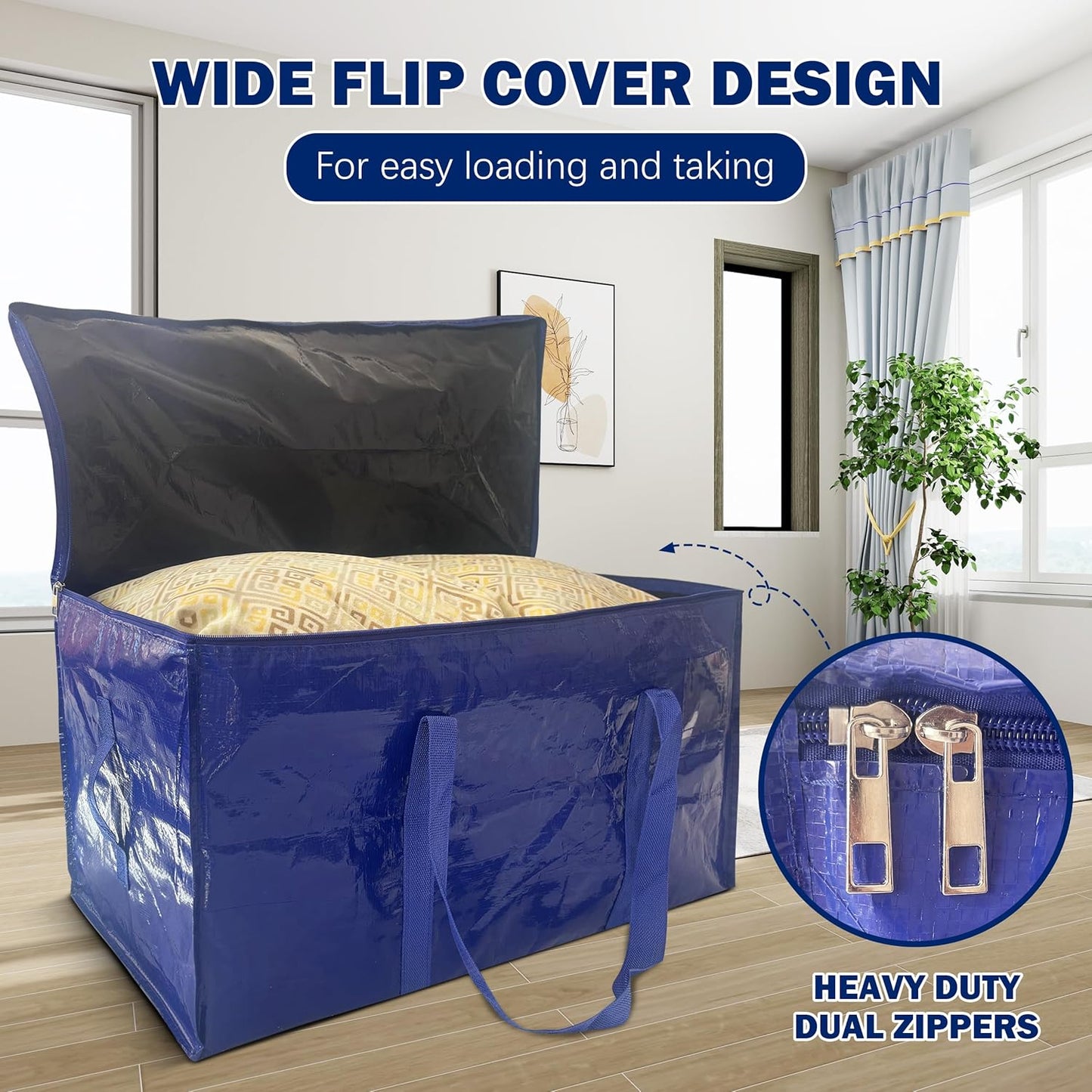 Skiennix Extra Heavy Duty Large Moving Bags - Strong Zipper & Handles | 33 Gallon, Dark Blue, 8 Pack