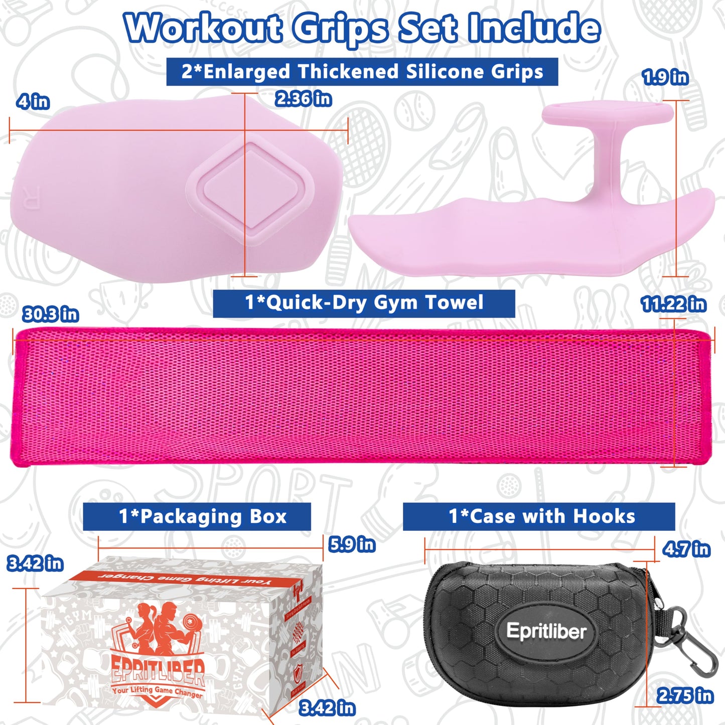 Epritliber Large Silicone Workout Grips Kit with Gym Towel &Storage Case,Weight Lifting Gloves Alternative,Gym Grips Gloves Gifts for Men Women,Gym Hand Palm Protection Pads for Dumbbell,Barbell,Rypt