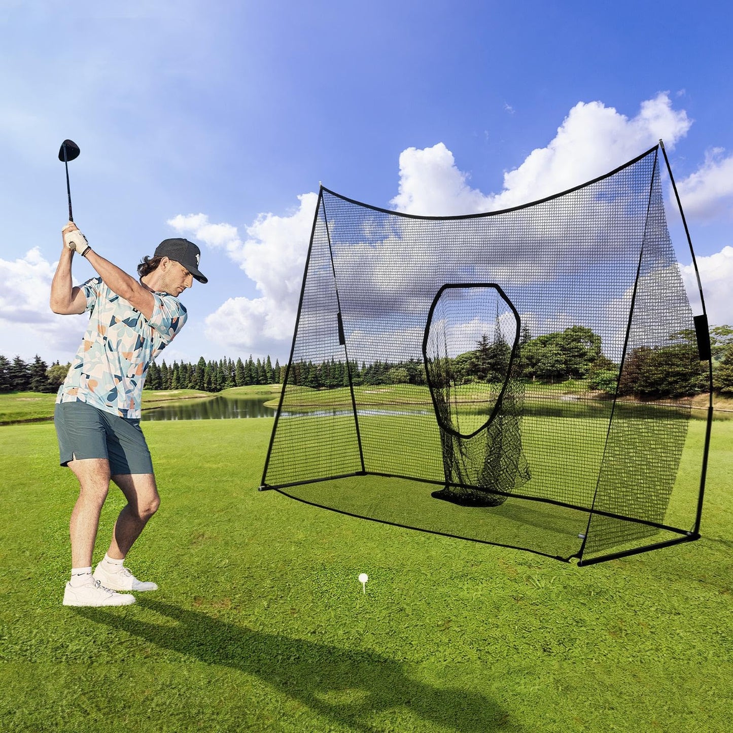 DUMOS Portable Golf Net, 10x7 ft Golf Practice Net for Backyard with Frame, Sturdy Outdoor Indoor Hitting Net, Home Training Equipment for Garage Yard, Personal Driving Range Tools, Black