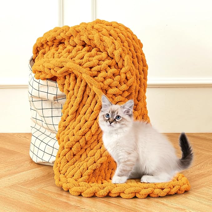 Admitrack Chunky Knit Blanket Throw, 100% Hand Knit Chenille Throw Blanket for Sofa & Home Decor, Soft and Cozy Knitted Throw Blankets (Orange, 51"x63")