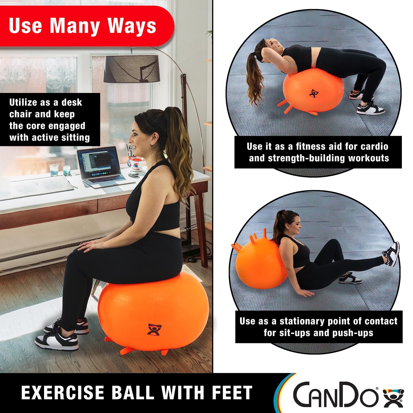 CanDo 30-1893 Non-Slip Inflatable Exercise Ball with Stability Feet for Exercise, Workout, Core Training, Stability, Yoga, Pilates, Balance Training Gym, Office, Home,Classroom. Green, 26”