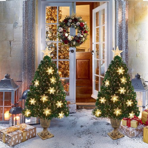 Juegoal Pre-Lit Artificial Christmas Trees - 3 FT Lighted Green Fiber Optic Entrance Trees with Gold Urn Base | 8 Lighting Modes, 110 Branch Tips for Festive Holiday Decor