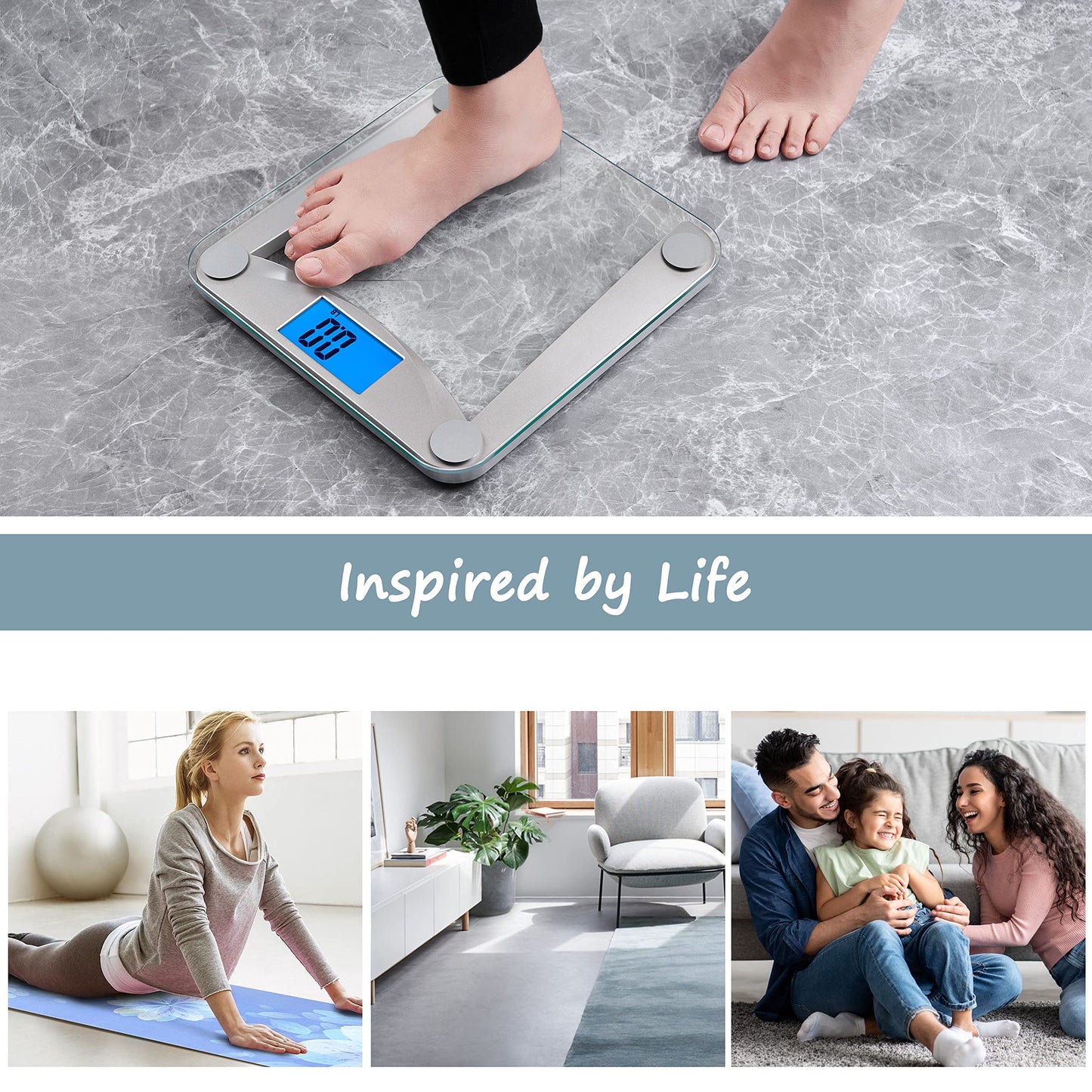 Vitafit Digital Bathroom Weight Scale for Body Weight, High Accuracy Assured by Weighing Professional Since 2001,Extra Large Blue Backlit LCD and Step-On, 400lb/182kg, Clear Glass