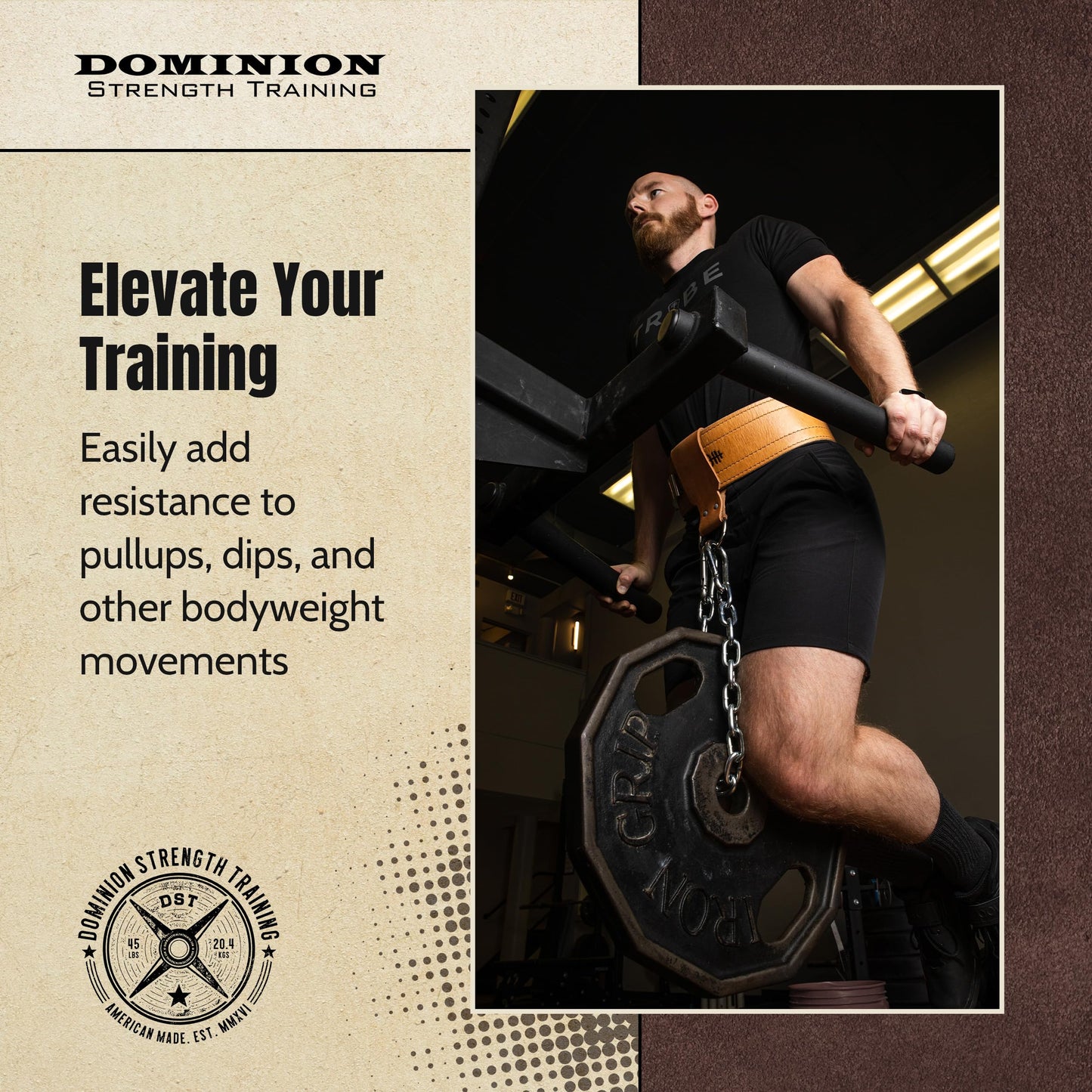 Leather Dip Belt Strap with Chain for Weight Lifting - For Weighted Dips and Pullups - Made in the USA