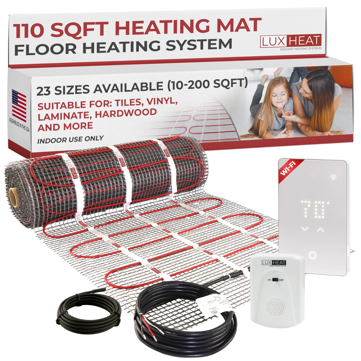 LuxHeat 110sqft Floor Heating Mat Kit - 120v Radiant Floor Heat System for Tile - Easy to Install Infloor Heat System - Includes UWG5 WiFi Programmable Thermostat w/GFCI, Alarm & Flooring Sensor