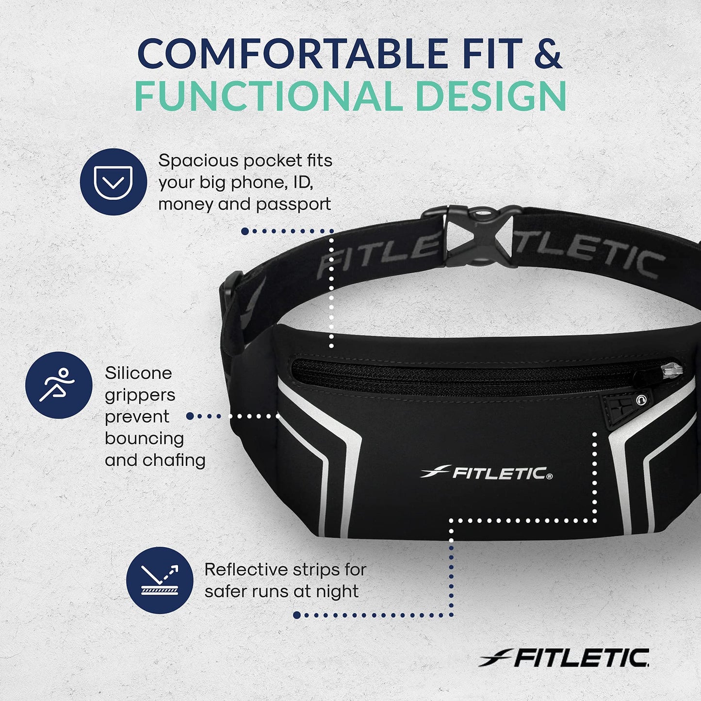 Fitletic Modern Sports Running Belt For Men & Women – Water Resistant Pouch - Fits All Smart Phones- Lightweight, Low Profile Design –Lycra Coated With Inner Card Organizer Pocket