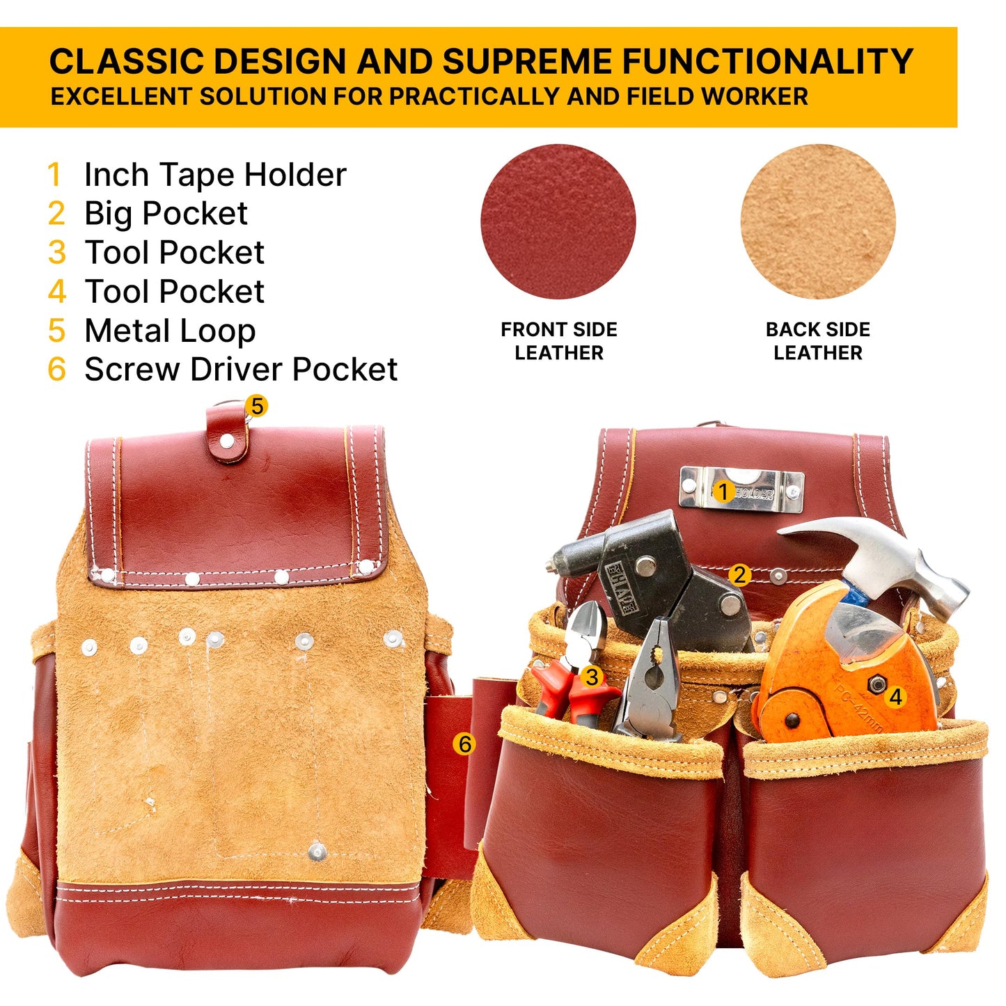 Grain Leather 18 Pockets, Leather Tool Belts for Men, Tool Pouch Rig Set, Tool Bags For Carpenters And Electricians, Construction Belt, Rig Set - Maroon