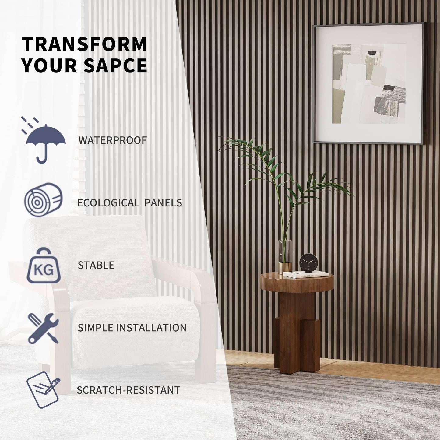 POHARE WPC Slat Wall Panels, 8 Pack 95 x 6 in Accent Decorative Acoustic Wood Slats for Wall and Ceilings, Acoustic Panels for Interior Wall Modern Décor,Brown/Grey