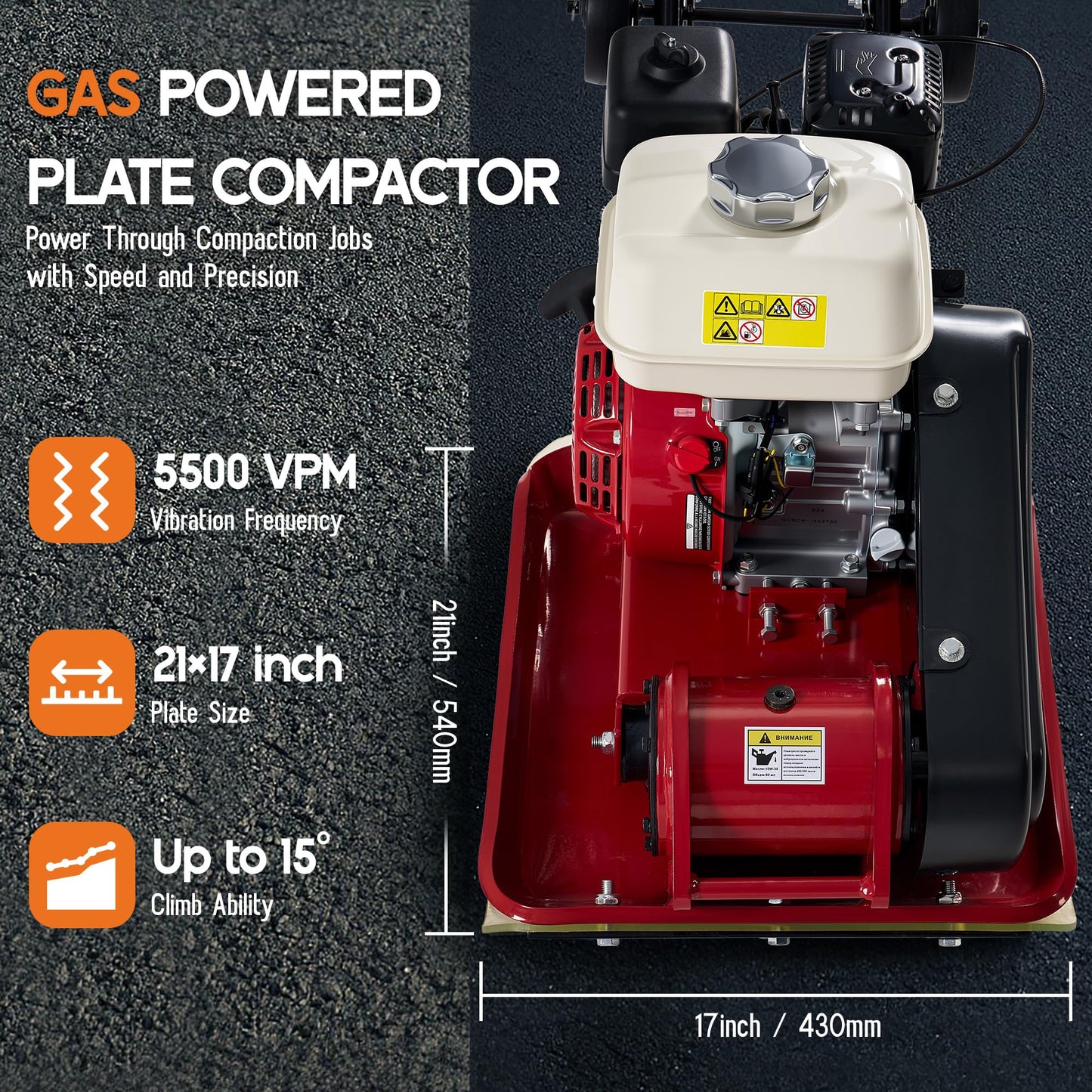 Albott 21" x 17" Plate Compactor, 5.5 HP 196cc Engine with Compactor Pad, 5500 VPM 2922 lbs Compaction Force, Compaction GX160 Engine