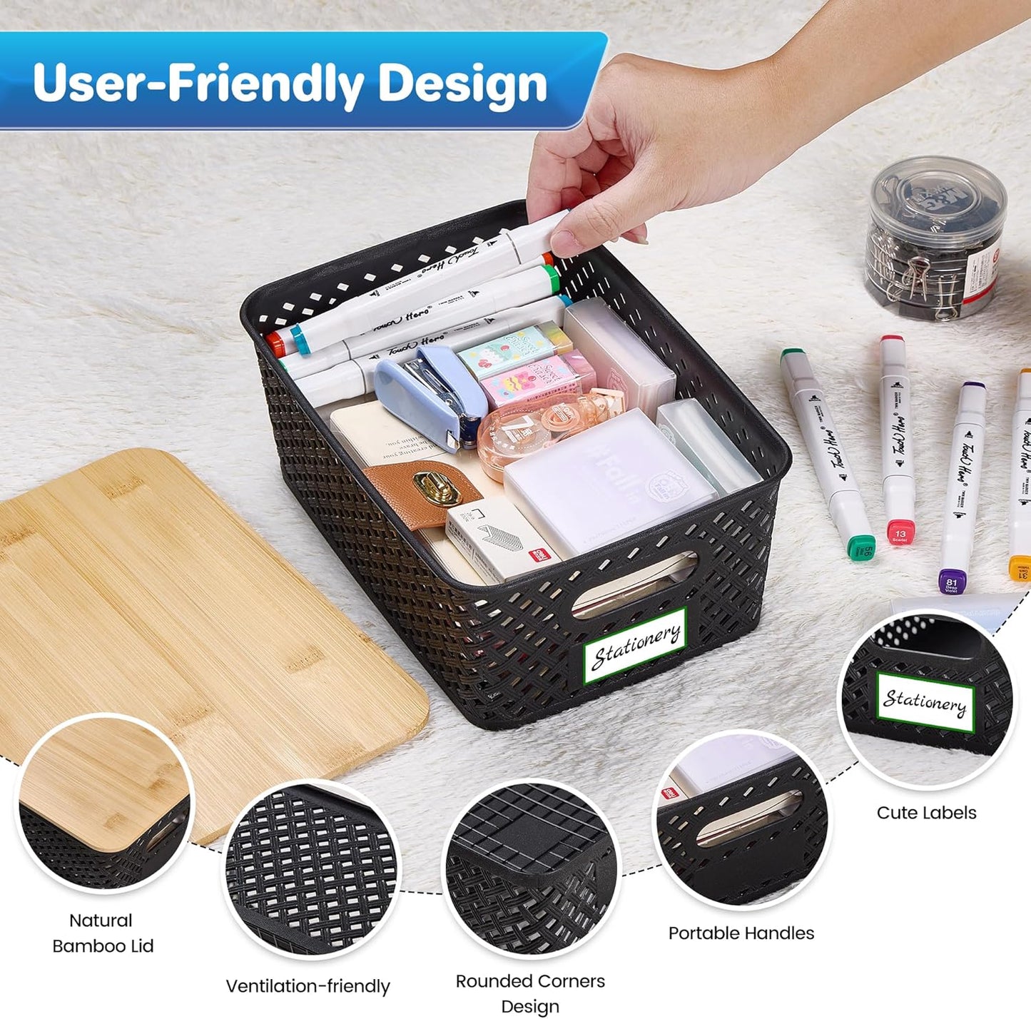 Anysig Plastic Storage Bins - 8 Pack Stackable Baskets with Bamboo Lids for Organizing | Black