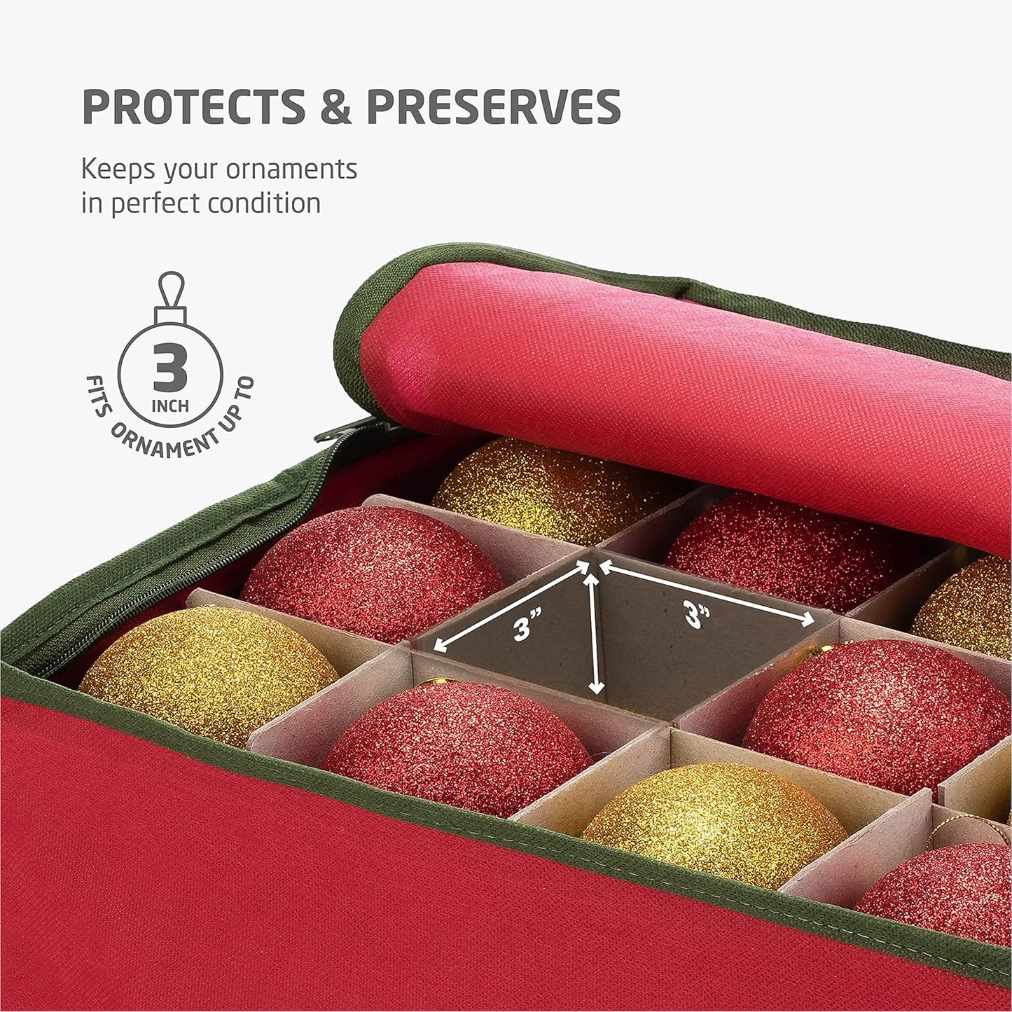 ZOBER Christmas Ornament Storage Box - Holds 120 3" Ornaments with Dividers - Durable Tear-Proof 600D Oxford Fabric - Red