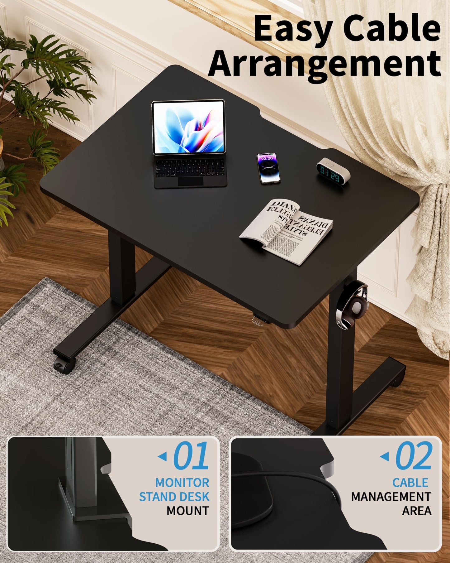 Okin Small Electric Standing Desk, 36 x 24 Inches Whole Piece Height Adjustable Desk, Black Sit to Stand Desks Computer Workstation with Wheels for Home Office