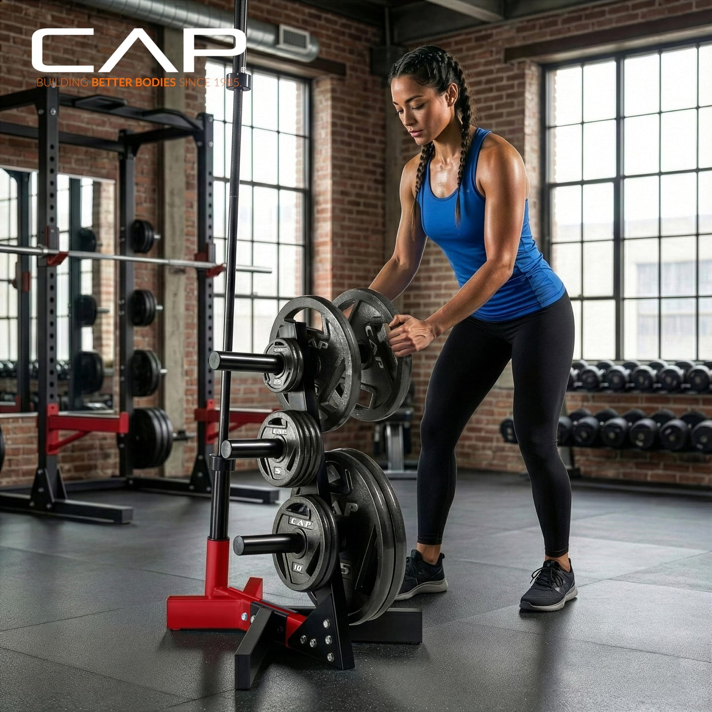 CAP Barbell Olympic Plate Tree Storage Rack for Weights and Bar, Red
