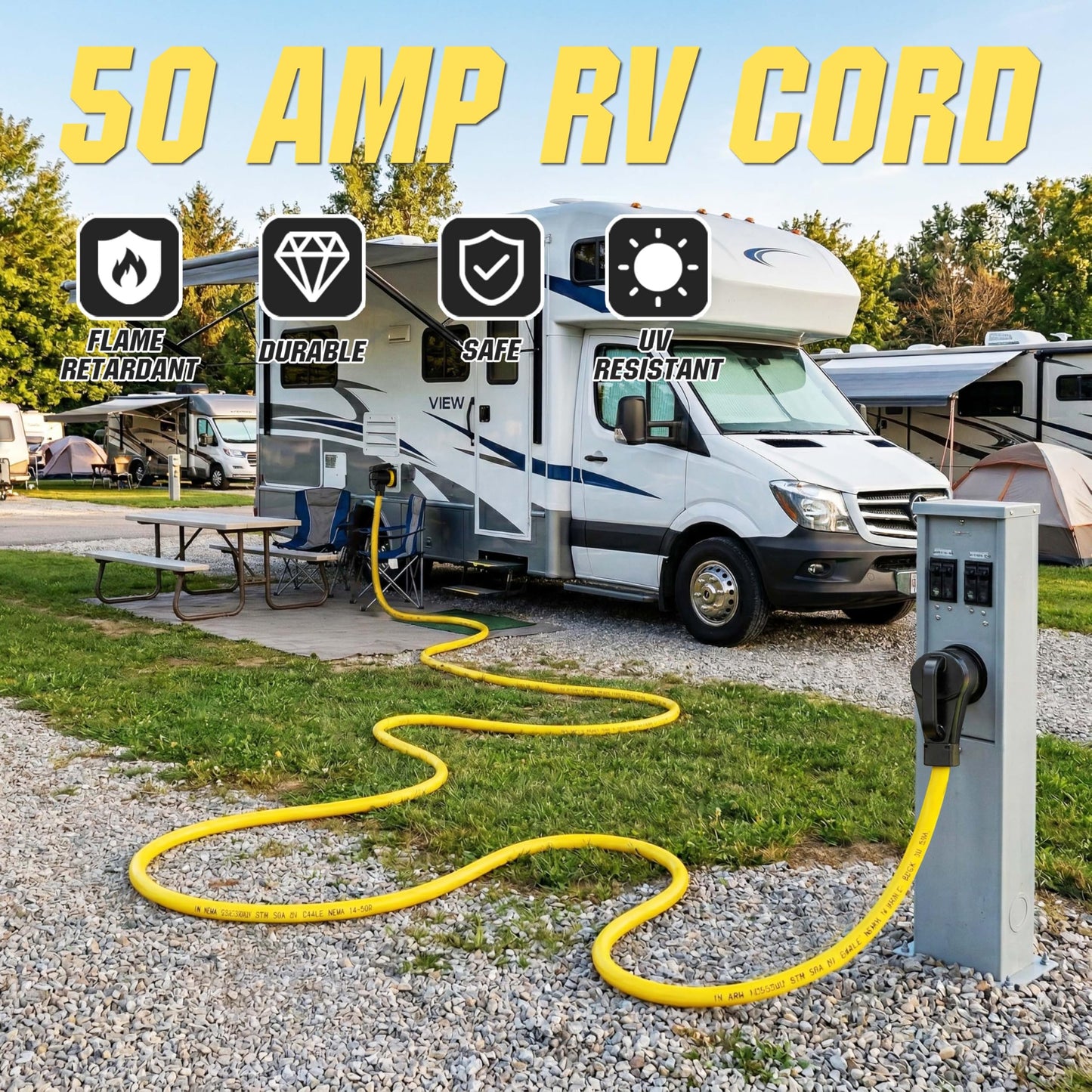YOMILINK 50 Feet 50 Amp RV/Generator Cord, 100% Copper Wire, NEMA 14-50P to SS2-50R Twist Lock, Newly Designed 90°Grip Handle, 6/3+8/1 Gauge STW Wire