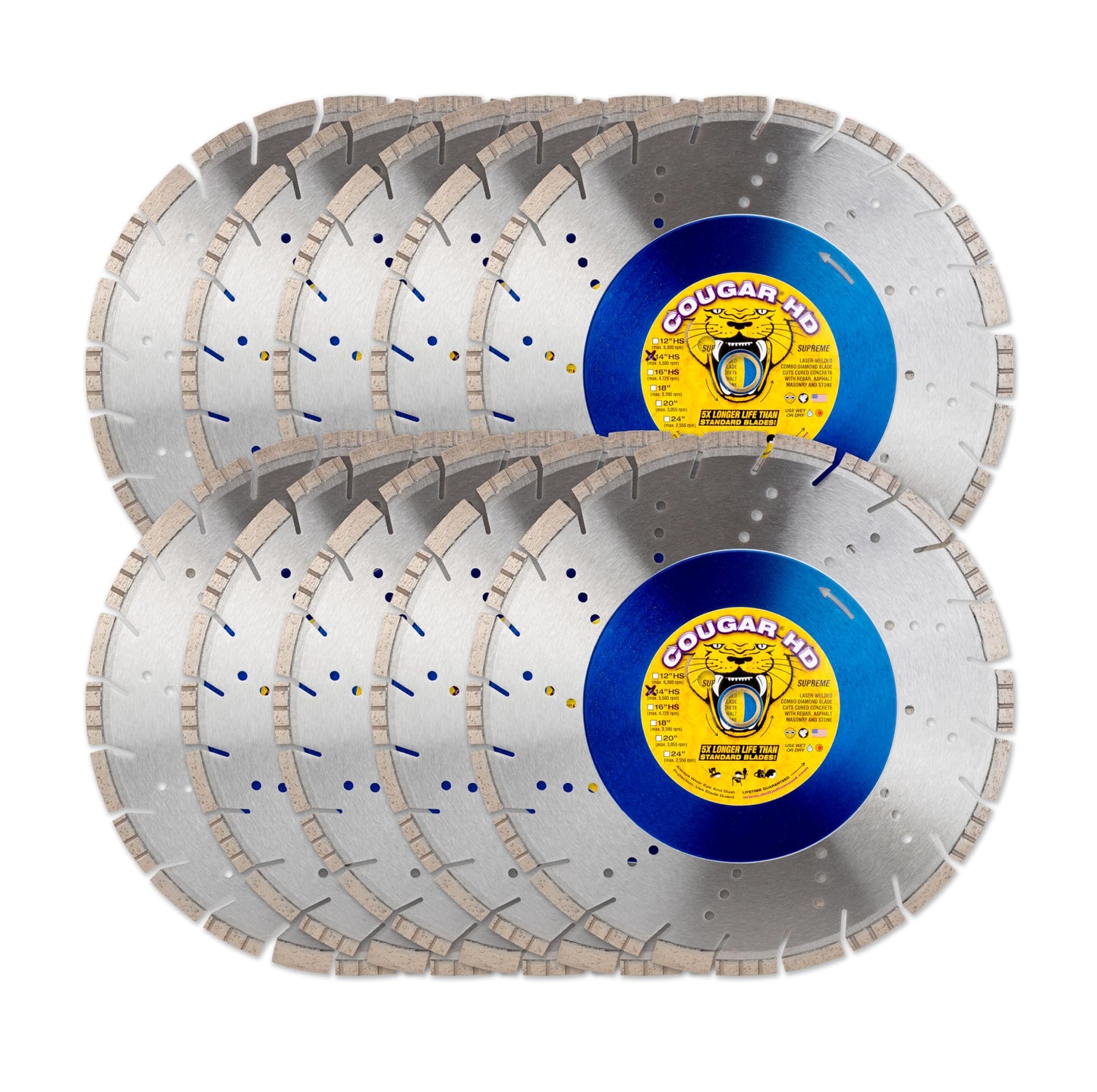Cougar HD 14 Inch 10-Pack Concrete Diamond Blade, Supreme Heavy-Duty Segmented Blade, Dry/Wet Combo Cutting Reinforced Concrete, Asphalt, Stone 1"-20mm Arbor (10pcs)