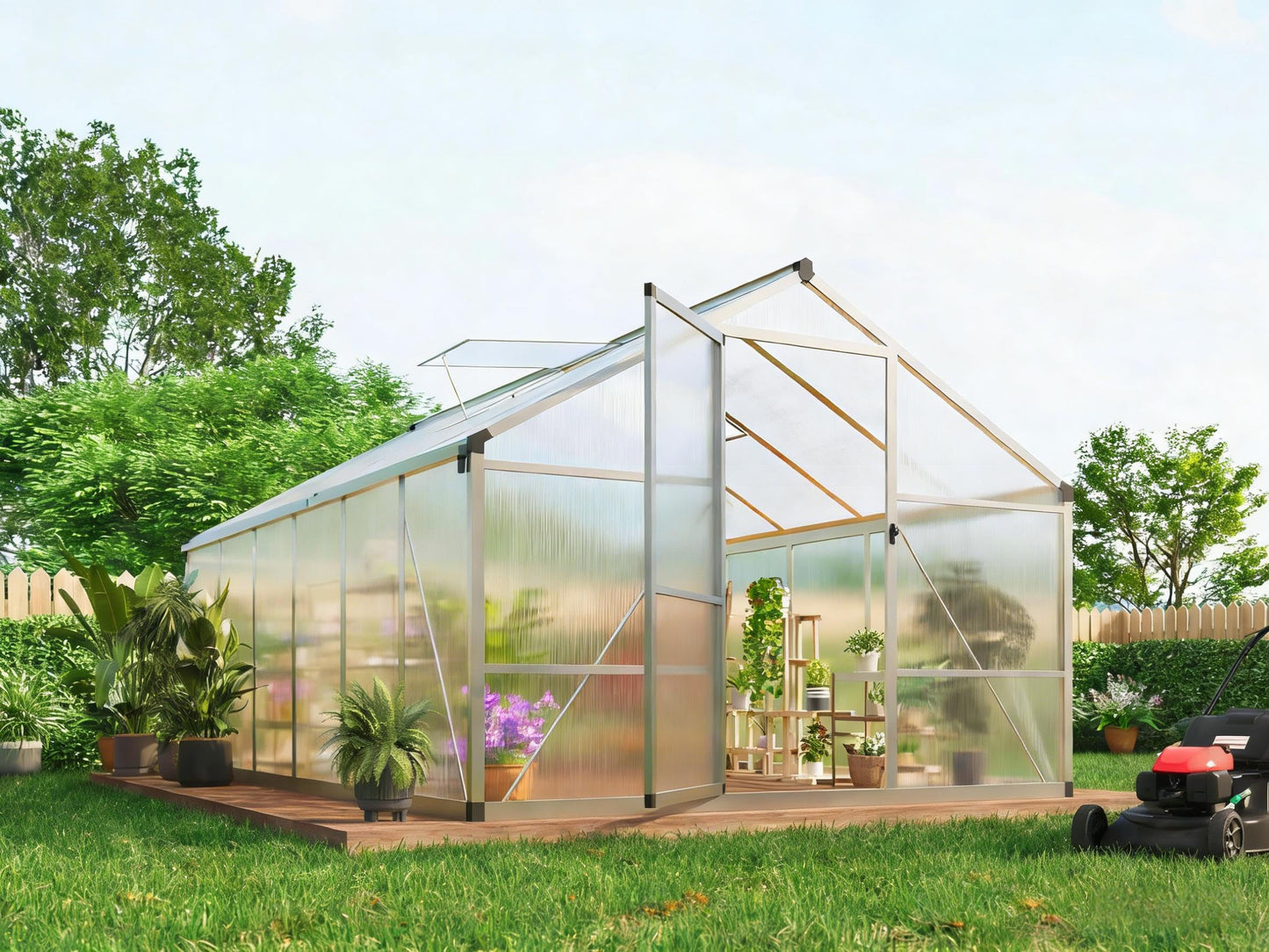 8x12 FT Greenhouse, Easy Assembly Aluminum Polycarbonate Greenhouses for Outdoors with Roof Vent, Large Aluminum Walk-in Greenhouse for Sunroom Patio, Backyard, Garden, Sliding Lockable Door, Silver