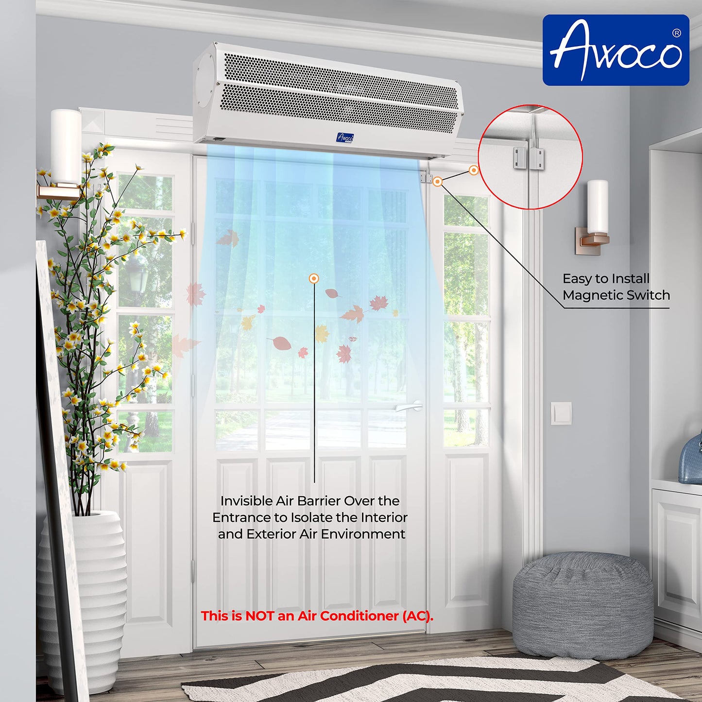 Awoco 42" Super Power 2 Speeds 1350CFM Commercial Indoor Air Curtain, UL Certified, 120V Unheated - Free Door Switch