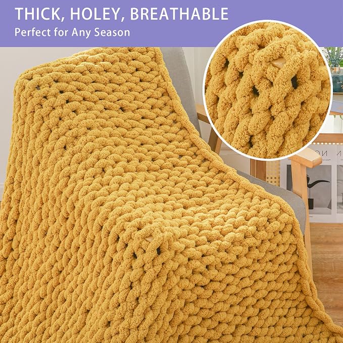 Bigacogo Chunky Knit Throw Blanket for Couch, 40x80 inches, 100% Hand Knitted with Thick Jumbo Chenille Yarn, Cozy Soft Large Rope Knot Cable Crochet Blankets for Sofa Bed Living Room, Mustard Yellow