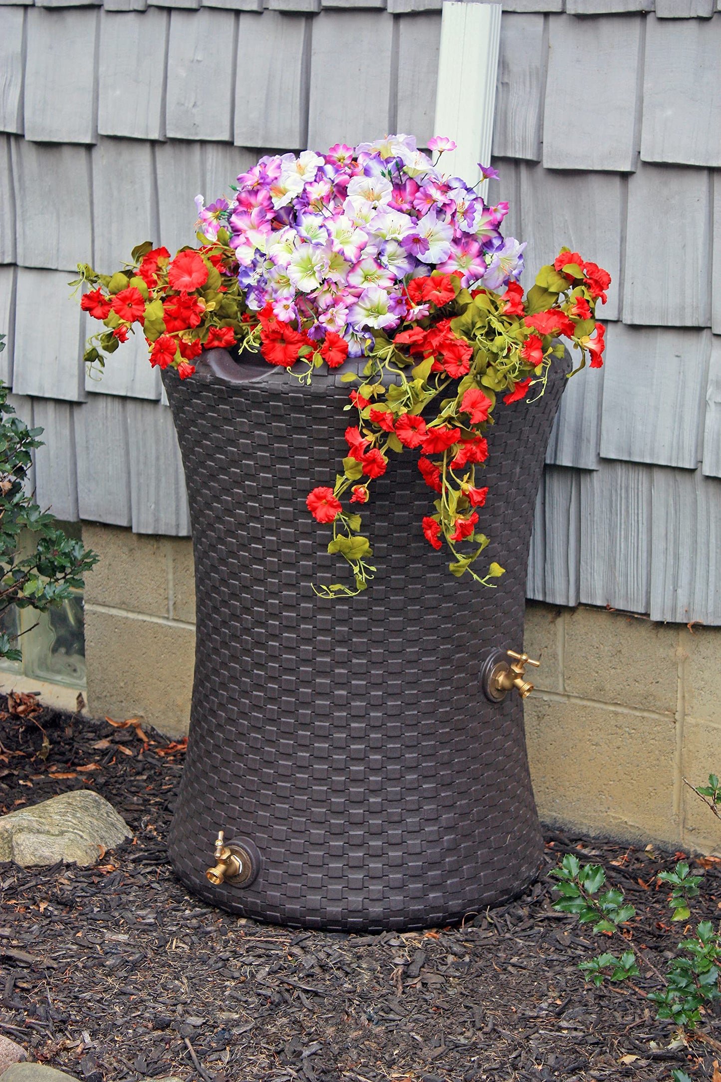 Good Ideas Impressions 50 Gallon Nantucket Outdoor Home Rain Barrel Water Storage Collector with Garden Planter and Brass Spigot, Dark Brown