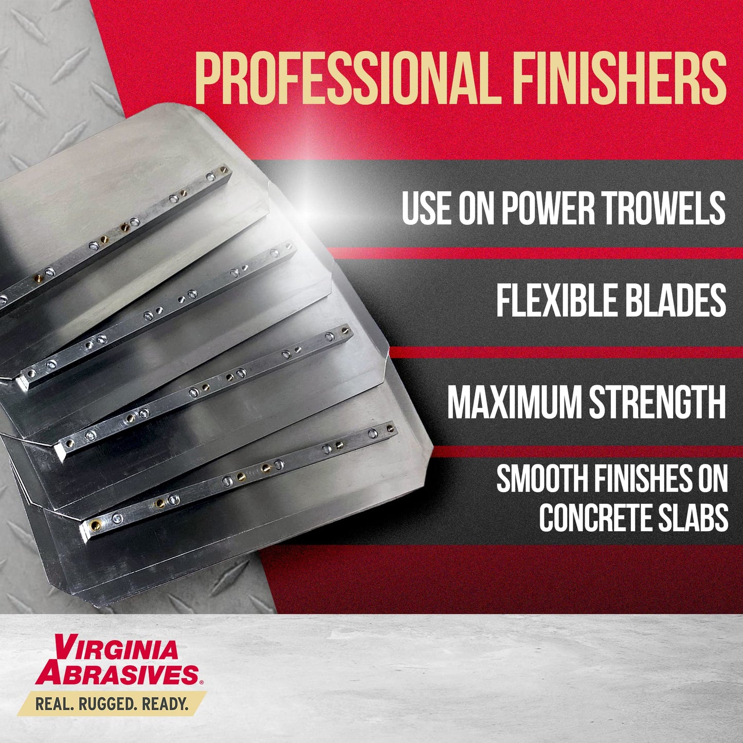 Virginia Abrasives 423-CB0818 - Professional Power Trowel Blades for Concrete/Masonry Refinishing, 8" x 18" Fits 46" Machines | Stainless Steel Combination Trowel Blades Set of 4