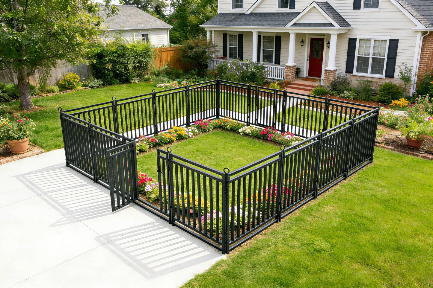 Decorative Garden Fence Metal Dog Fence Outdoor for Yard, 110ft (L) × 40in (H), 42 Panels + 6 Gates, Heavy Duty Animal Barrier Fencing for Patio & Flower Bed, No Dig, Black-Silver