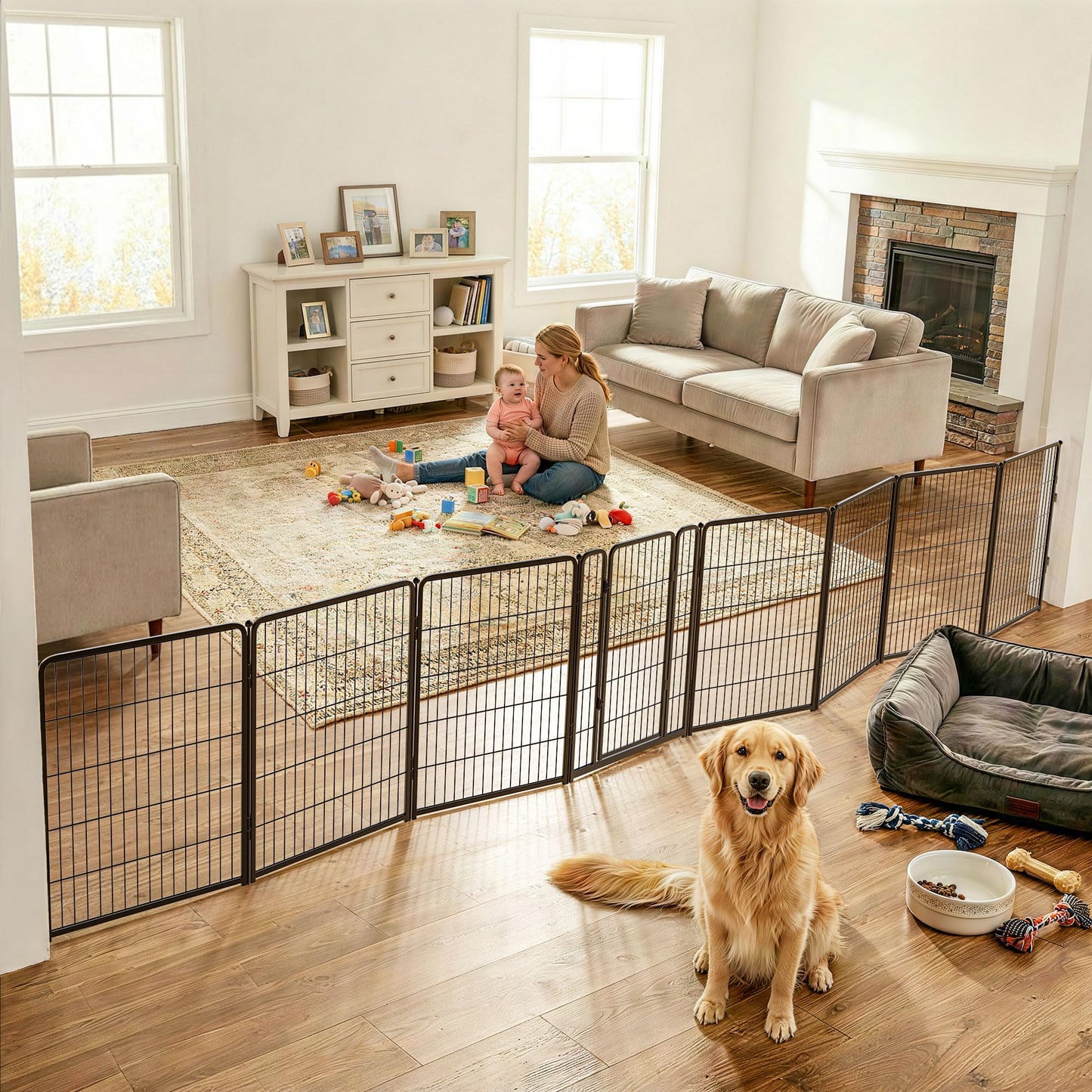 FXW Dog Gate Extra Wide Designed for Indoor Use, Adjustable Width Up to 219-inch Wide (40" H 8 Wire Panels for Medium and Large Dogs), Black
