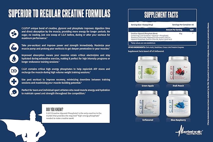 Metabolic Nutrition, CGP, Creatine Glycerol Phosphate, 100% Micronized Creatine Powder, Pre Intra Post Workout Supplement, Unflavored, 400 Grams