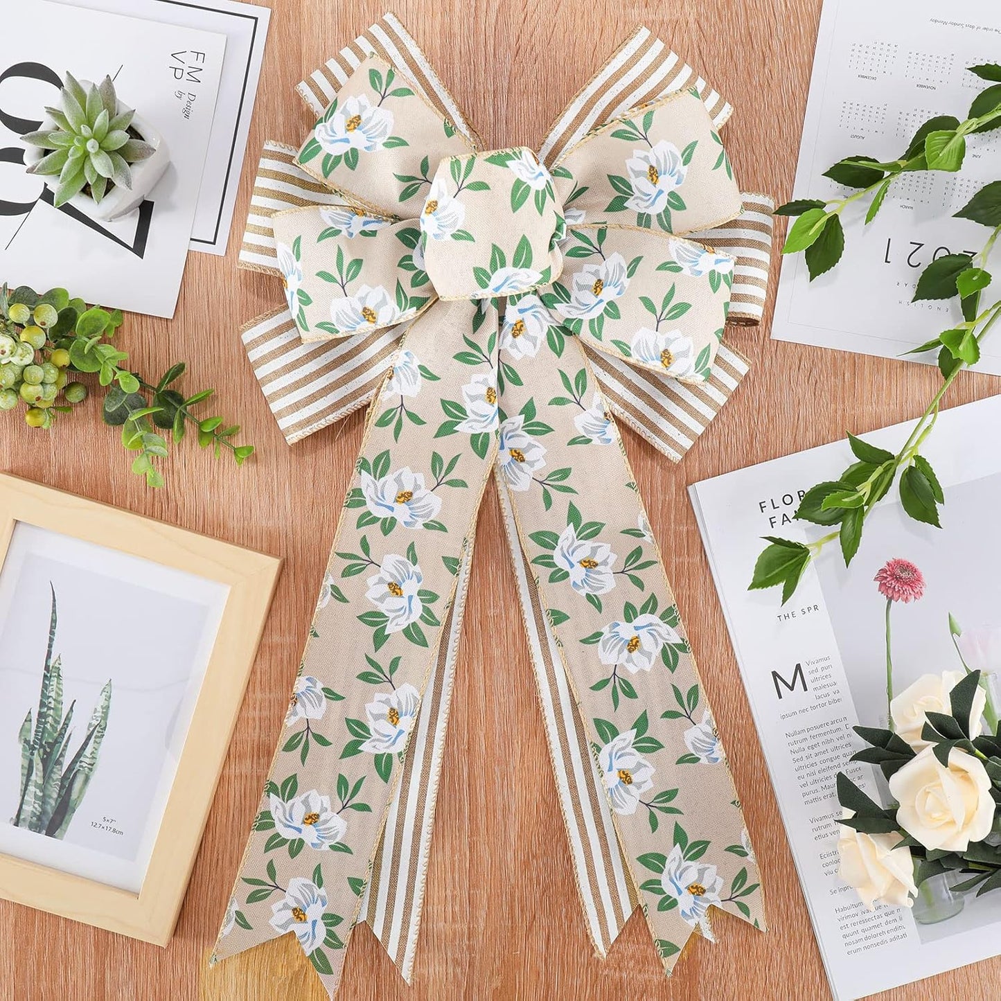 Whaline Spring Magnolia Wreath - Rustic Wired Edge Bow | Large 11 x 21 Inch Floral Decor for Home & Parties