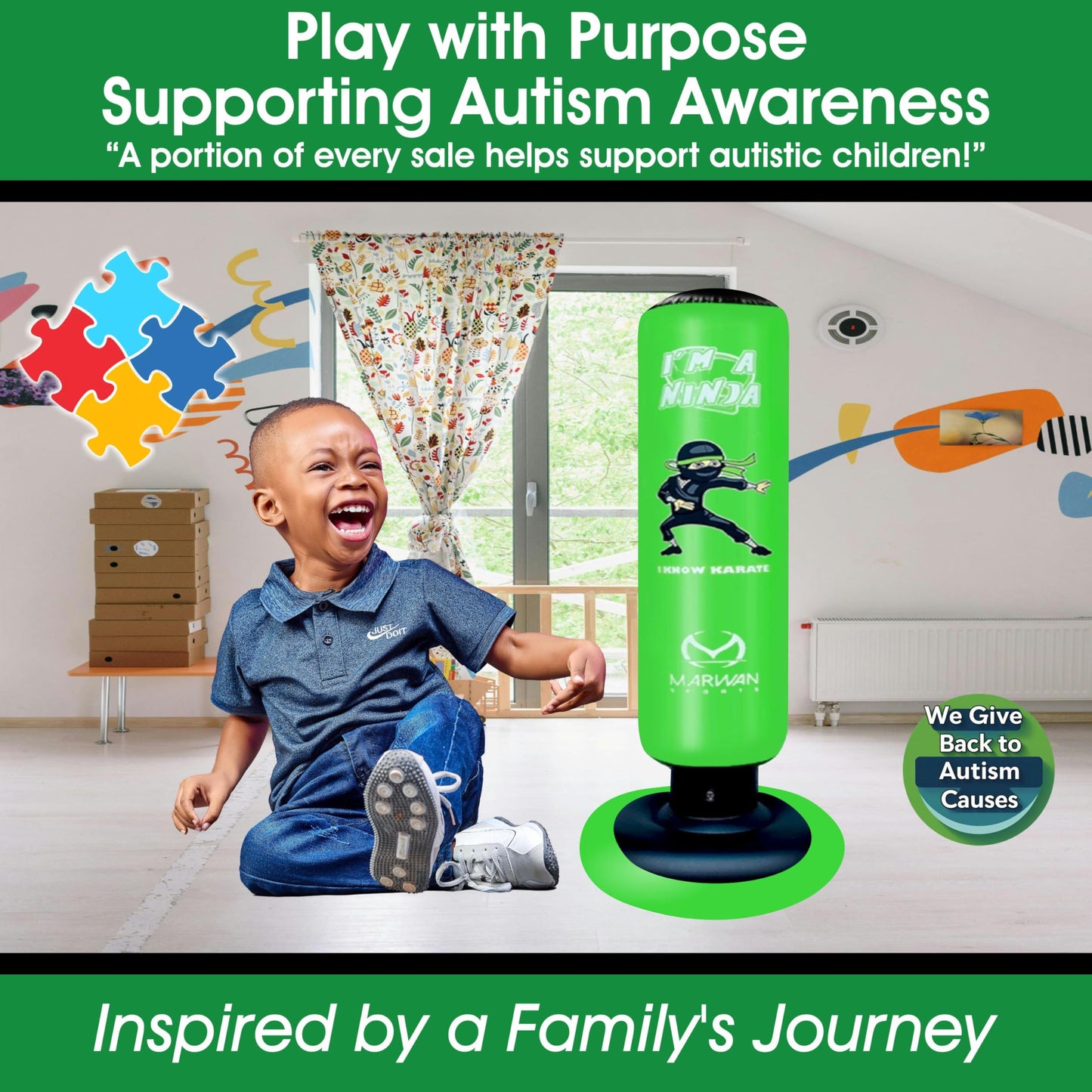 Marwan Sports Ninja Inflatable Punching Bag for Kids 4-12, Indoor Active Play for Sensory Seekers & High-Energy Kids, 63" 5-in-1: Gloves, Manual Pump, Funnel & Drag-Handle Base Cover, Apartment-Quiet